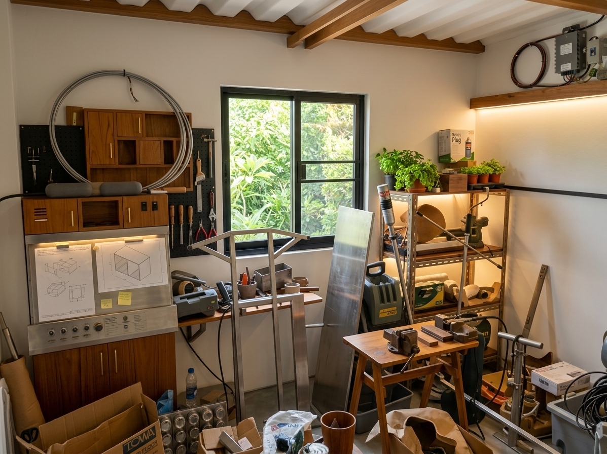 An incredibly lifelike, richly detailed, photorealistic wide-angle interior shot of a fully renovated mid-century modern artisan workshop set in a bright residential creative studio. The scene is illuminated by gentle morning light streaming through an enlarged black-framed window paired with warm LED under-cabinet illumination, creating an inviting, inspiring, and meticulously organized atmosphere. Captured with a 24mm tilt-shift lens, emphasizing the rich grain of warm teak wood cabinetry, brushed brass hardware, and smooth polished micro-cement floors.

All original clutter and freestanding furniture have been removed, transforming the room into a streamlined haven of craftsmanship. A continuous system of wall-mounted mid-century teak and walnut cabinets lines the walls, featuring geometric doors, open display cubbies, and subtle brass pulls. A seamless floating workbench extends along the main wall below the enlarged window, which now frames a tranquil view of vibrant green garden foliage. Integrated matte-black pegboards hang symmetrically beside the cabinetry, holding beautifully arranged tools, while the overhead ceiling is upgraded to smooth white plaster anchored by warm wooden structural beams for a perfectly balanced, functional aesthetic.