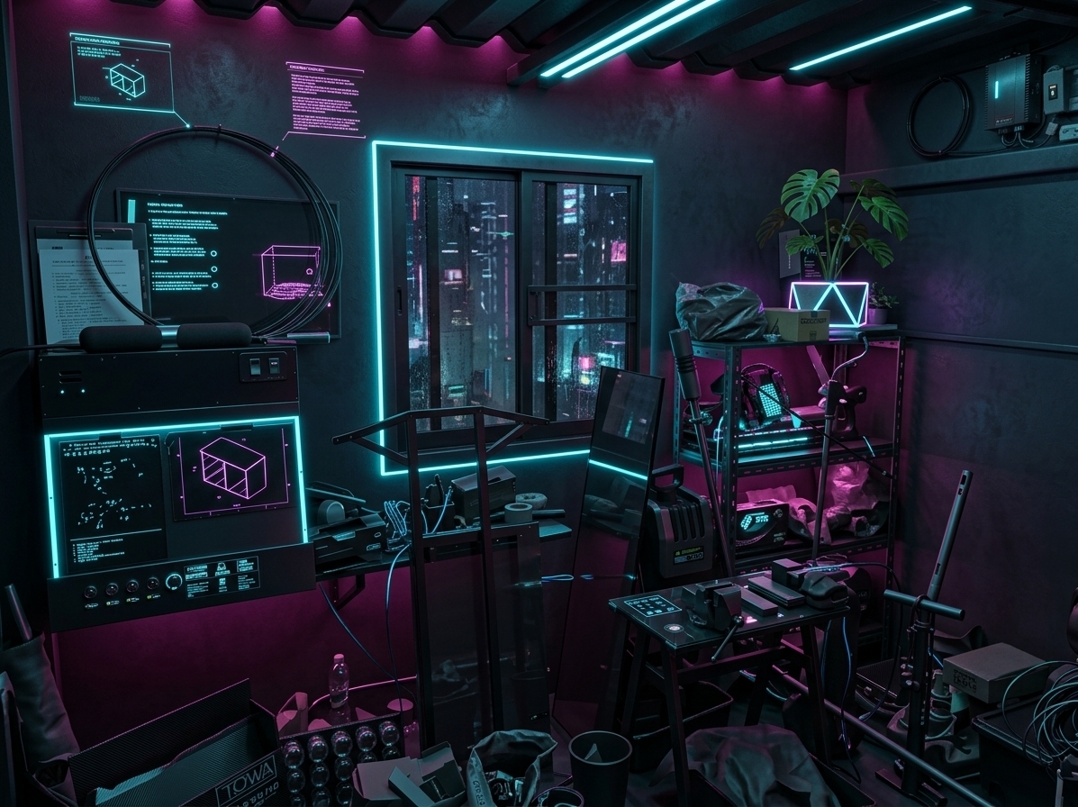 An incredibly lifelike, richly detailed, photorealistic wide-angle interior shot of a high-tech neon noir workshop set in a gritty, futuristic urban sanctuary. The scene is illuminated by a dramatic interplay of vivid electric-cyan neon strips and deep magenta ambient backlight, creating a moody, immersive, cybernetic atmosphere. Captured with a 24mm f/2.8 lens, emphasizing the tactile sheen of matte-black steel, polished smoked glass, dark micro-cement walls, and glowing fiber-optic cabling.

Reimagining the compact garage layout into a sleek, minimalist cyber-lab, the walls are finished in deep slate charcoal, anchored by dynamic holographic wall art projecting luminous, pulsing 3D wireframe schematics. In place of the rustic sawhorse, a floating workbench crafted from brushed black metal and heavy tempered glass houses integrated touch-panel interfaces and ultra-organized tech tools. Through the dark-tinted sliding window, rain-streaked views of a distant neon-drenched megacity cast shimmering reflections across the room. Minimalist black industrial shelving cleanly displays cybernetic components alongside an indoor monstera plant housed in a glowing, geometric LED planter, injecting an organic, cyber-botanical contrast into the dark, sleek space.