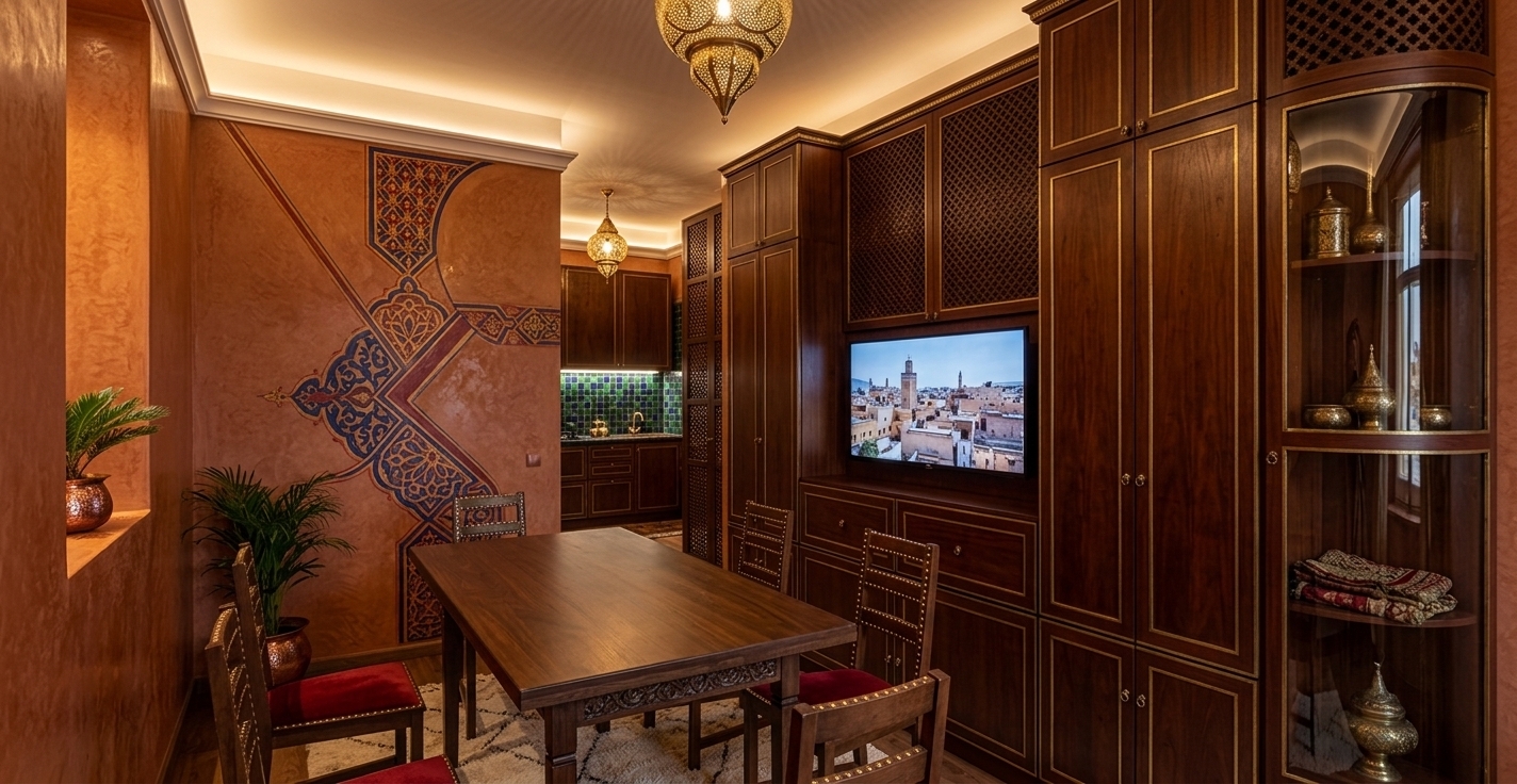 An incredibly lifelike, richly detailed, photorealistic wide-angle interior photo of an opulent Moroccan mystique dining room set in a luxurious urban sanctuary. The scene is illuminated by warm, ambient light filtering through intricate filigree brass pendant lanterns and soft, low-level cove lights, creating an exotic, sensual, and deeply inviting atmosphere. Captured with a professional 24mm tilt-shift lens, emphasizing rich tadelakt wall finishes, intricate geometric patterns, and fine hand-carved wood textures. At the center of the frame, a dark walnut dining table with delicately carved apron trim is surrounded by ornate wooden chairs boasting deep red velvet cushions and brass studded details. To the right, expansive floor-to-ceiling cabinetry is transformed into rich mahogany wall units with inlaid brass trim and mashrabiya-inspired lattice panels framing a built-in television screen. The surrounding plaster walls in subtle terracotta tones are adorned with striking geometric Moroccan wall art in brilliant shades of deep cobalt blue, crimson, and saffron gold. A plush hand-woven Berber rug lies beneath the table over smooth wooden flooring, while vibrant indoor palms in hammered copper pots add lush natural life to the corners. In the background, a warm glimpse into the kitchen reveals glowing zellige mosaic backsplash tiles and polished bronze fixtures, perfectly capturing the captivating richness and artisanal elegance of a high-end photography book visual.