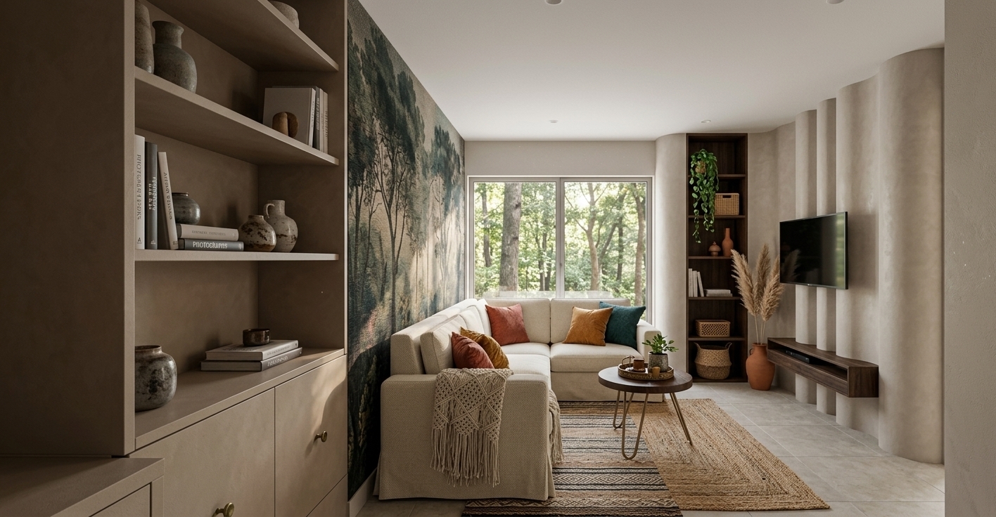 An incredibly lifelike, richly detailed, photorealistic eye-level interior shot of a living room set in a cozy, modern bohemian oasis. The scene is illuminated by soft, diffused daylight pouring across warm interior accents, creating a serene, inviting, and free-spirited atmosphere. Captured with a professional 24mm wide-angle lens, emphasizing tactile textures, intricate handcrafted details, and a rich color palette of warm rust, mustard, deep teal, and earthy neutrals, the space unfolds with artistic depth. In the foreground on the left, a tall built-in shelving unit in a smooth earthy finish displays curated photography books and artisan ceramic vessels above cabinetry detailed with delicate round pulls. Centered in the room, a generous L-shaped sectional upholstered in soft, textured cream fabric is layered with vibrant bohemian throw pillows and a draped macramé blanket, nestled against walls featuring a captivating, landscape-inspired tapestry wall art in moody forest tones. Underfoot, natural light oak wood flooring is draped in layered tribal and braided jute rugs, anchoring a dark solid-wood round coffee table with slender metallic hairpin legs that holds a tray of vintage-collected decor and a small potted plant. The right wall features a sculpted, fluted plaster accent wall mounted with a flat-screen TV above a floating dark timber media console, flanked by a tall recessed dark-wood bookshelf artfully styled with trailing greenery, rattan baskets, and feathery pampas grass in handmade terracotta vases.
