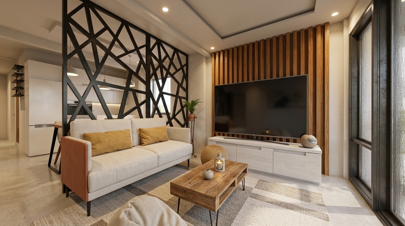 An incredibly lifelike, richly detailed, photorealistic wide-angle interior shot of a modern Japanese Zen living room set in a serene urban residence. The scene is illuminated by soft, warm daylight filtering through expansive sliding glass doors paired with gentle recessed ceiling spotlights, creating a tranquil, calm, and harmonious atmosphere. Captured with a professional 24mm architectural lens, emphasizing natural wood grains, tactile fabric textures, matte black metal accents, and rich terracotta tones, the space embodies minimalist elegance and wabi-sabi balance. At the heart of the room, a contemporary sofa featuring off-white fabric upholstery, soft mustard cushions, and terracotta leather side panels sits on a neutral geometric rug, centered around a low rustic wooden coffee table on slender hairpin legs. Behind the sleek television mounted on a feature wall of vertical warm timber slats, a striking matte black geometric lattice divider subtly partitions the living area from the open-plan kitchen beyond. Uncluttered surfaces, organic wood beams, and a potted indoor plant complete this beautifully composed, light-filled, and uncluttered interior.