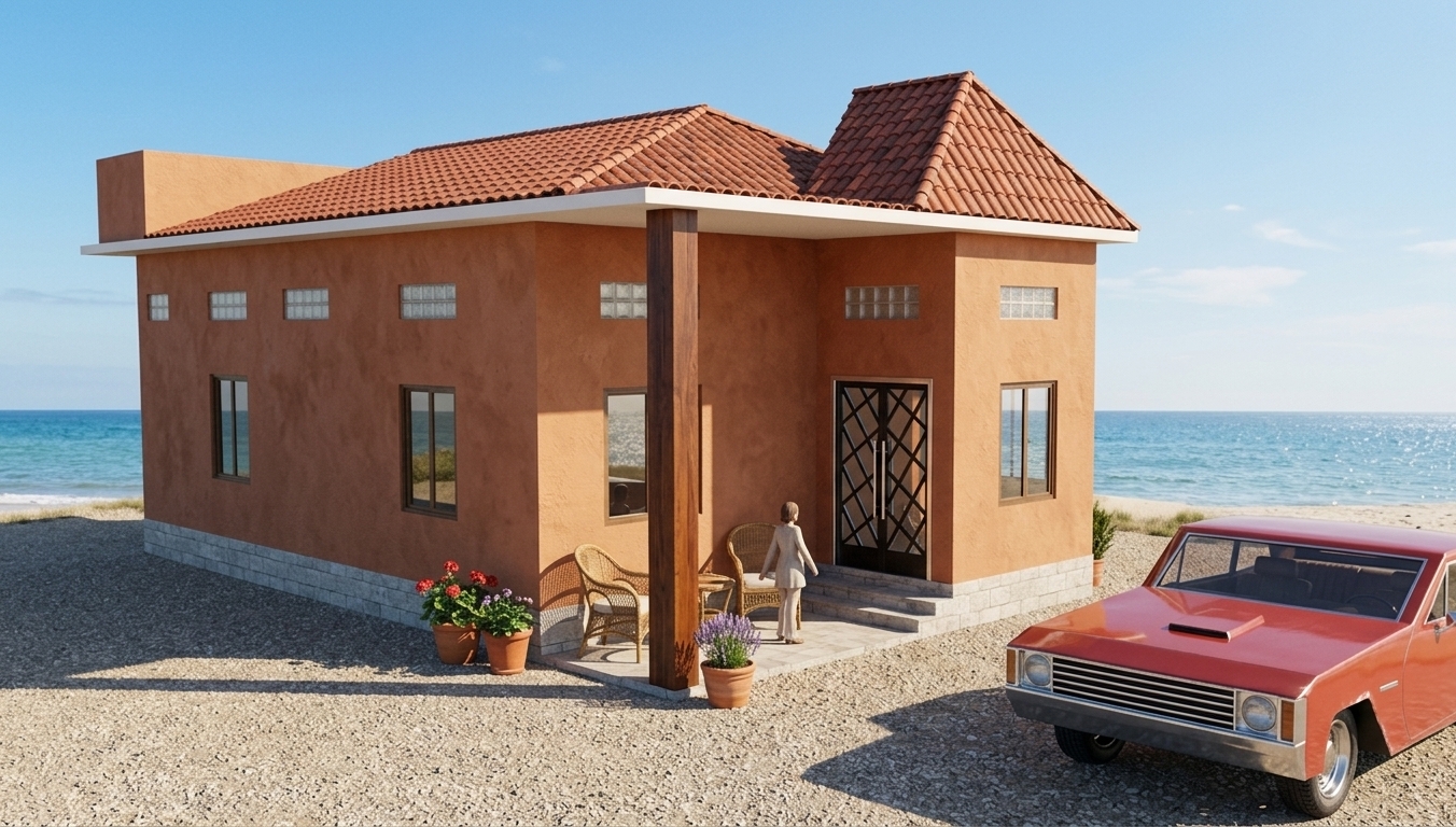 An incredibly lifelike, richly detailed, photorealistic wide-angle exterior architectural photo of a charming coastal cottage set in a sun-drenched, seaside environment. The scene is illuminated by bright, sun-kissed afternoon light, creating an airy, fresh, and inviting atmosphere filled with the feel of a gentle coastal breeze. Captured with a professional 35mm tilt-shift architectural lens, emphasizing the warm terracotta stucco walls, weathered red clay roof tiles sweeping up to an elevated attic dormer, and the rich grain of a solid timber porch column. The building rests on a light-grey stone plinth, accented by crisp white soffits, translucent glass block transom windows, and polished dark metal doors featuring ornamental geometric ironwork. Inviting hints of coastal living subtly complement the scene with shades of light blue, crisp white, and sandy neutral accents, complemented by wicker and wooden porch furniture, potted leafy plants, and a vintage red automobile parked along the sun-bleached driveway.