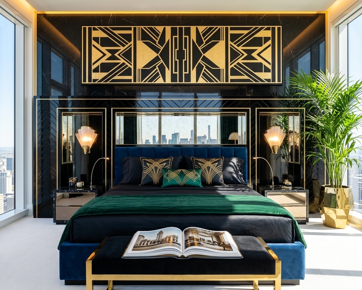 An incredibly lifelike, richly detailed, photorealistic wide-angle interior shot of a lavish master bedroom suite reimagined in Art Deco glamour set in a high-end luxury penthouse. The scene is illuminated by bright midday summer light cascading through expansive floor-to-ceiling windows combined with warm, hidden cove lighting, creating an extravagant, sophisticated, and alluringly opulent atmosphere. Captured with a 35mm tilt-shift lens on a full-frame camera, emphasizing reflective lacquered surfaces, tactile velvet fabrics, metallic gold accents, and intricate geometric details.

### Interior Design Style & Palette
The design embraces true Art Deco extravagance, balancing sharp geometric symmetry with streamlined, ultra-luxurious materials. The color scheme is rooted in deep obsidian black, polished brilliant gold, and rich jewel tones—specifically emerald green, deep sapphire blue, and subtle ruby accents. 

### Wall Treatments & Focal Point
The main feature wall reimagines the original extended headboard composition into a stunning architectural masterpiece. The lower portion consists of seamless, high-gloss black-lacquered paneling detailed with inlaid brass trim in an intricate chevron pattern. Built directly into the sides are symmetrical illuminated display niches lined with antique mirror backings. Mounted above the headboard is a captivating, oversized horizontal graphic wall art piece featuring bold black-and-gold geometric abstract motifs, echoing the grandeur of the 1920s jazz age.

### Lighting & Atmosphere
Concealed warm-toned LED strip lighting runs along the floating top edge of the headboard wall, casting a soft golden glow upward across a subtle black-marbled accent wall. Flanking the bed, sleek gooseneck lights are replaced with custom Art Deco fan-shaped sconces crafted from brushed brass and ribbed frosted glass, throwing warm ambient light into the niche areas. 

### Furniture, Decor, & Composition
* **The Bed:** Centered perfectly within the space, the low-profile bed features a custom sapphire-blue velvet padded frame. It is layered with crisp, high-thread-count dark sheets, an emerald green velvet duvet folded neatly at the base, and decorative silk pillows with embroidered golden geometric patterns.
* **Storage & Surfaces:** Built-in nightstands on either side feature polished black marble tops and smoked-mirrored drawer fronts, bouncing bright summer daylight around the room.
* **Decor:** Resting at the foot of the bed on a polished black-and-gold bench is a large, open coffee-table photography book showcasing vintage architectural design, its glossy pages reflecting the room's soft light. 
* **Greenery:** A towering, lush Kentia palm in a faceted, mirror-polished brass planter stands gracefully beside the bed, bringing life, organic contrast, and rich natural green hues into the structured room.

### Spatial Flow & Exterior View
The room maintains immaculate balance, proportions, and human-scale functionality, providing an uncluttered yet unmistakably grand retreat. Beyond the glass, midday summer sunshine illuminates a crisp view of a high-altitude urban skyline under a clear sky, bridging the ultra-chic indoor glamour with the brilliant energy of a sunny summer day outside.