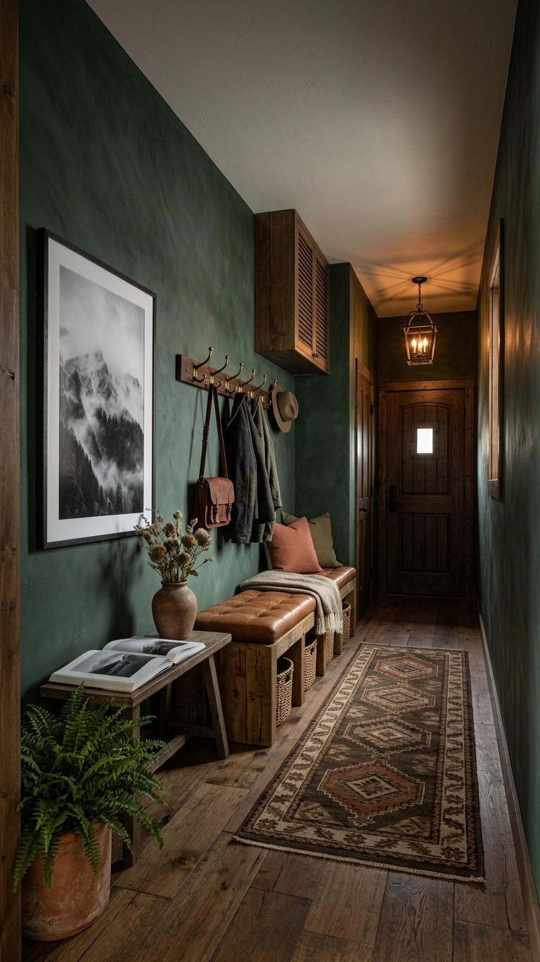 An incredibly lifelike, richly detailed, photorealistic wide-angle interior shot of a cozy, alpine-inspired entryway mudroom set in a modern mountain retreat. The scene is illuminated by the soft, warm glow of a hand-forged iron lantern pendant ceiling light complemented by gentle morning sunlight peeking through a nearby side window, creating a warm, inviting, and serene atmosphere. Captured with a full-frame camera and a 24mm f/2.8 lens, emphasizing the rich wood grain of reclaimed oak, textured limewash plaster, and tactile woven textiles.

This reimagined space transforms the previously stark, empty hall into a rustic yet elevated mountain escape. The front door is now a heavy, solid oak entryway door finished in a dark walnut stain, detailed with hand-hammered black iron hardware and a classic speakeasy window hatch. The crisp white walls have been replaced with a deep, moody forest green limewash finish, giving the space an organic, weathered depth that pairs effortlessly with warm neutral trim and thick timber architraves. 

Centered along the main wall is a sturdy, custom-built wooden storage bench crafted from thick, rough-sawn timber logs. The bench features a plush, cognac-leather tufted seat cushion topped with a wool-knit throw blanket and accent pillows in warm terracotta and olive tones. Underneath, open built-in cubbies hold handcrafted woven willow baskets designed for organizing winter gear, boots, and scarves. Above the bench, a dark-finished wood rail features heavy brass and wrought-iron double hooks holding winter coats, a leather satchel, and a brimmed wool hat.

To elevate the artistic aesthetic, a large, black-and-white fine art photography print of a mist-shrouded mountain range hangs framed in dark wood on the adjacent accent wall, creating a captivating focal point. Below it, a low rustic console table holds an open hardcover photography book showcasing alpine landscapes, paired with an earthy clay vase filled with dried mountain flora and wild pine cones. 

The utility box on the upper wall is now cleverly concealed behind a flush, custom slatted-wood cabinet that blends seamlessly into the architecture. The floor is upgraded from plain light wood to rich, wide-plank distressed timber, anchored by a distressed wool runner rug featuring traditional Southwestern patterns in deep greens, warm rust, and ivory. A lush, potted fern sits in a rustic terracotta planter near the entrance, introducing vibrant organic life and completing this cozy, functional, and beautifully composed mountain mudroom.