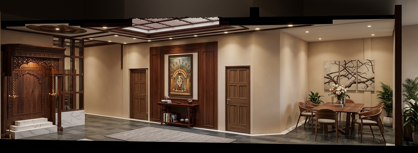 An incredibly lifelike, richly detailed, photorealistic wide-angle architectural cross-section photo of a worldly, eclectic living and dining space set in a luxurious, travel-inspired home interior. The scene is illuminated by warm recessed LED spotlights and soft ambient daylight filtering through a central skylight lattice, creating a cultured, cozy, and vibrant atmosphere. Captured with a professional 24mm tilt-shift architectural lens, emphasizing the contrasting textures of hand-carved dark teak wood, smooth white marble steps, polished slate flooring, and rich layered fabrics. On the left, an intricately carved traditional dark wood shrine stands gracefully over pristine marble steps, adorned with hanging brass oil lamps. The central hallway features an ornate coffered ceiling with geometric moldings above a mahogany console table displaying photography books, travel-themed decor, and framed cultured wall art set against classic wall moldings. To the right, the dining area artfully merges modern mid-century curved wooden chairs with a sleek dark table, framed by elegant branch artwork, earth-toned rugs, bright artistic accents, and lush indoor potted plants that lend the entire layered home an adventurous, curated allure.