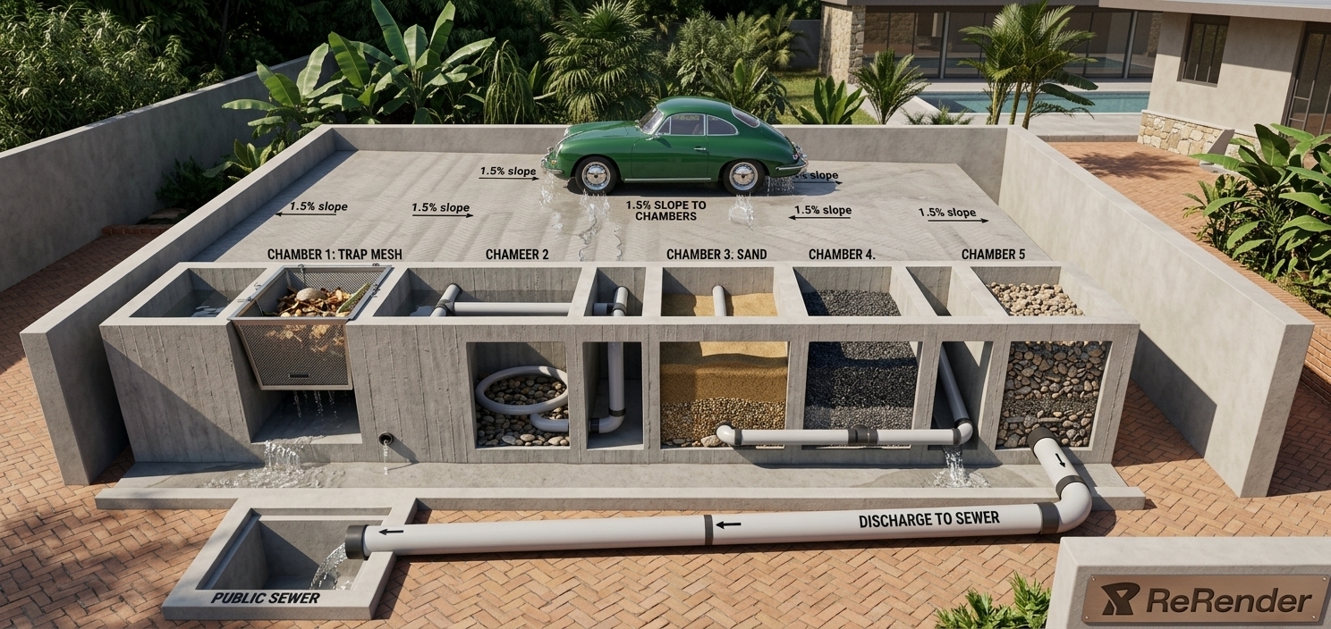 An incredibly lifelike, richly detailed, photorealistic wide-angle architectural shot of a mid-century modern outdoor car wash bay and subterranean water filtration facility set in a sun-drenched suburban estate adjacent to an outdoor pool area. The scene is illuminated by bright, clear afternoon daylight casting crisp, geometric shadows, creating a pristine and sophisticated atmosphere. Captured with a 35mm tilt-shift lens, emphasizing the raw texture of board-formed concrete, warm herringbone brick pavers, and the glossy finish of a classic vintage sports car parked gracefully on the gently sloped concrete washing slab. Positioned entirely underground beneath the washing surface, the multi-chamber filtration system—consisting of mesh traps, sand, charcoal, and gravel beds—is seamlessly enclosed behind a smooth, solid concrete front retaining wall. Clean rinse water trickles silently down the subtle 1.5% grade into the subterranean chambers before discharging cleanly into the public sewer, effortlessly harmonizing utilitarian water management with sleek mid-century modern architecture.