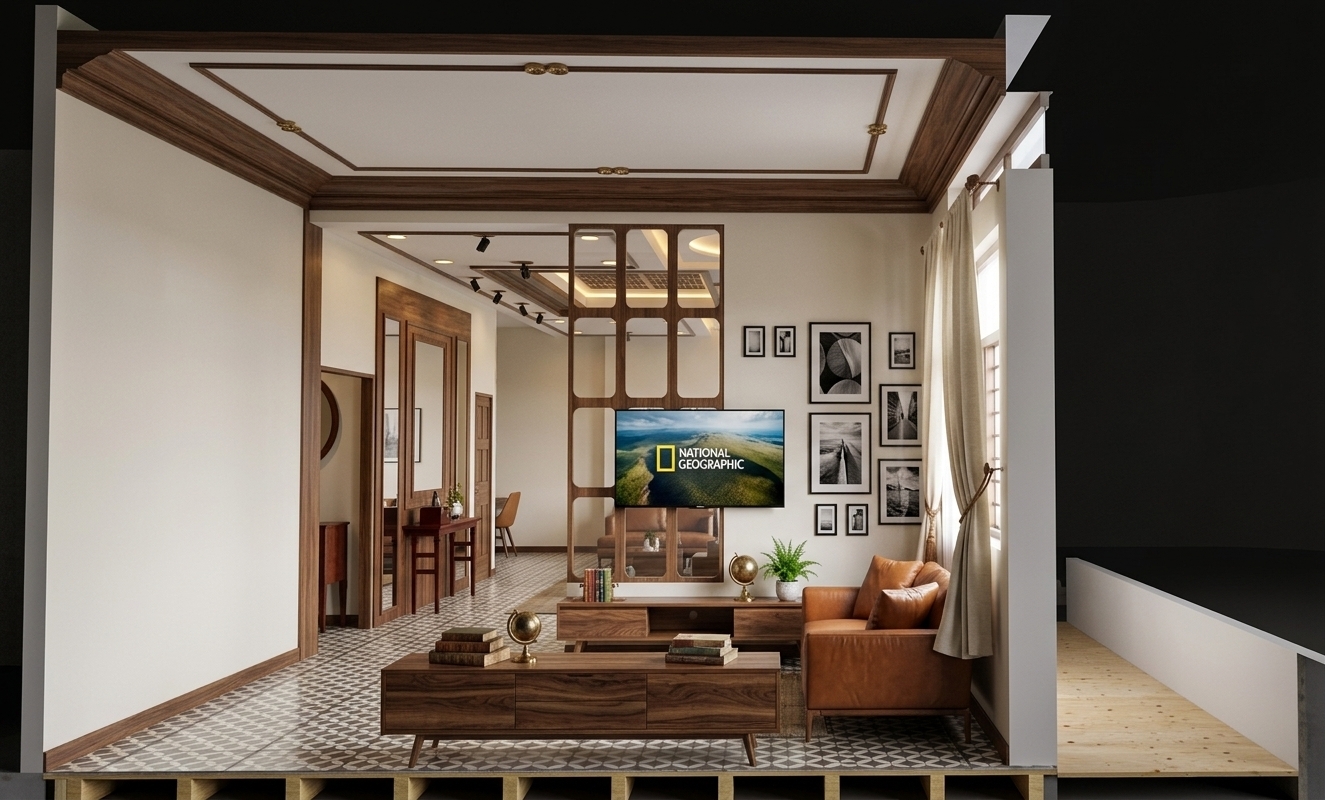 An incredibly lifelike, richly detailed, photorealistic wide-angle interior cutaway shot of an eclectic living room set in a sophisticated, cultured home. The scene is illuminated by warm, layered ambient lighting mixed with soft natural daylight streaming through tall cream linen drapes, creating an inviting, worldly, and nostalgic atmosphere. Captured with a 35mm architectural tilt-shift lens, emphasizing rich walnut textures, supple cognac leather, geometric tile floors, and fine decorative moldings... 

The living space embodies a "Traveler's Trove" aesthetic with a curated mix of vintage and modern design. A plush, cognac brown leather armchair sits beside floor-to-ceiling draped windows, while a low-profile mid-century modern console rests against a striking walnut and glass grid divider. Mounted on the partition, a flat-screen TV displays vibrant travel footage above stacked photography books, global artifacts, and potted indoor flora. Beside it, a gallery wall features framed black-and-white abstract and travel-inspired art. To the left, a hallway anchored by a dark mahogany console table stretches toward an inner sanctuary, all framed by a detailed tray ceiling with elegant dark trim, perfectly blending cultured charm with vibrant contemporary living.