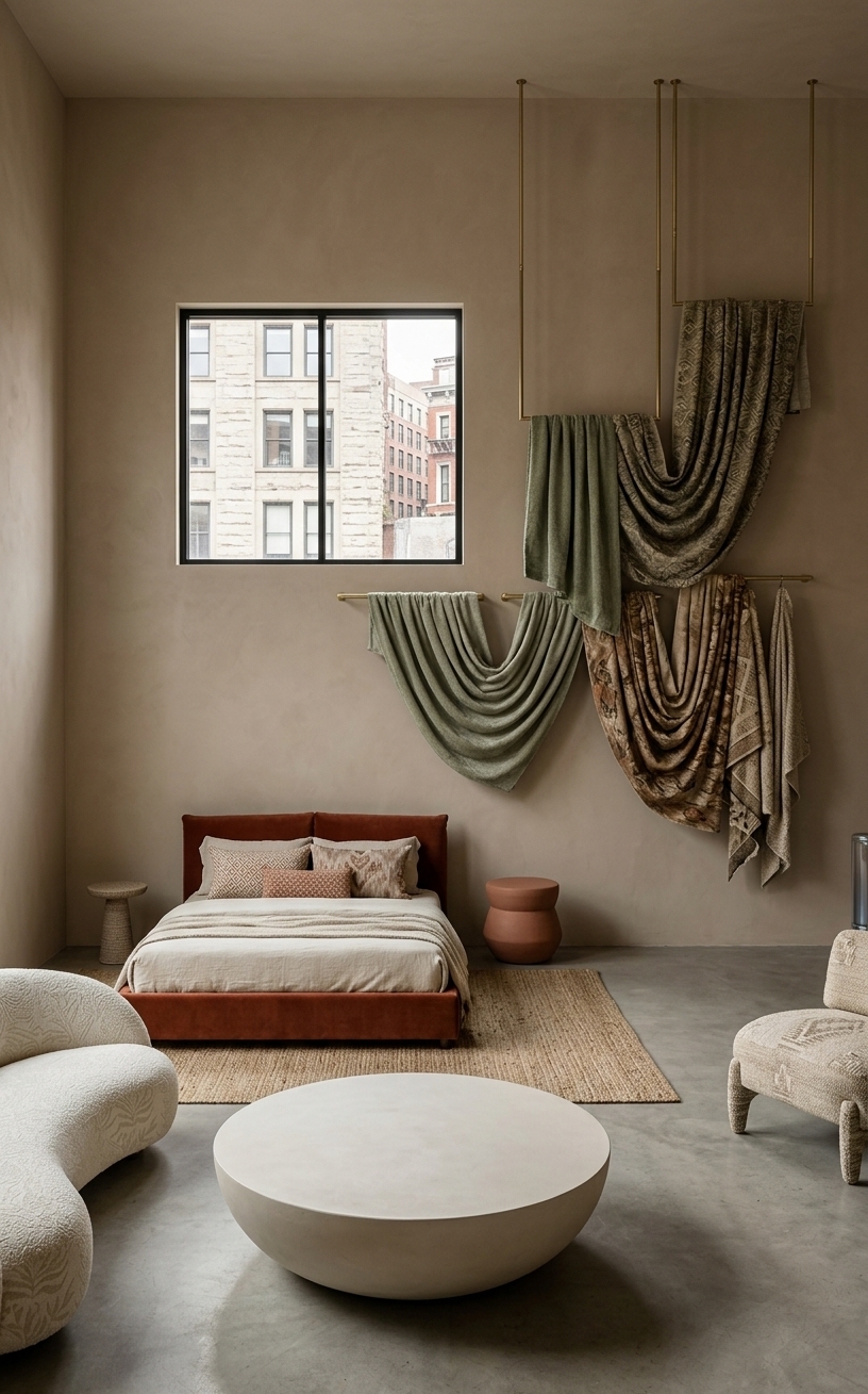 An incredibly lifelike, richly detailed, photorealistic eye-level interior photograph of a high-end furniture exhibition space set in a serene bohemian oasis. The scene is illuminated by soft, diffused natural morning light filtering through a sleek square black-framed window, creating a warm, tranquil, and luxurious atmosphere. Captured with a 35mm architectural lens, emphasizing a rich tactile interplay of woven textiles, plush velvets, and organic matte plaster finishes. The central bed features a headboard upholstered in a deep burnt-terracotta cotton velvet, layered with slubbed cream linen bedding and accent cushions adorned with subtle Moroccan geometric and vintage ikat prints. Beside it, the curving organic sofa is wrapped in a tactile off-white bouclé subtly woven with a delicate tonal botanical motif, complemented by a minimalist lounge chair upholstered in a textured, oatmeal-hued Aztec tapestry fabric. Transforming the vast, warm taupe plaster wall into a captivating showcase for the boutique, a bespoke wall installation features suspended brushed-brass hanging racks displaying draped fabric swatches—ranging from sage green chenilles to earthy patterned jacquards—cascading in an artistic, wave-like arrangement that effortlessly elevates functional textile storage into sophisticated interior art.