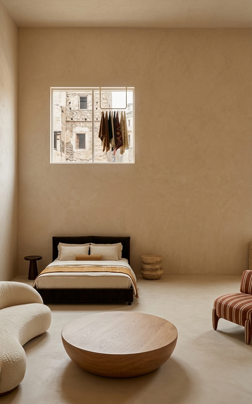 An incredibly lifelike, richly detailed, photorealistic eye-level interior photo of a luxury furniture exhibition space set in a Moroccan Mystique-inspired showroom interior. The scene is illuminated by soft, diffused daylight streaming through an elevated square window, supplemented by warm ambient glow, creating a serene, earthy, and opulent atmosphere. Captured with a professional 35mm architectural lens, emphasizing rich textile weaves, grain variations, and subtle surface patinas, the space seamlessly showcases bespoke upholstery options for high-end clientele. In the foreground, an organic curved sofa is dressed in a tactile cream bouclé woven with subtle, tone-on-tone geometric Moroccan jacquard motifs, perfectly paired with a low-slung accent chair upholstered in a stylish burnt-sienna and ivory striped linen blend. Positioned at the center, the low round coffee table is finished in a smooth, warm natural oak wood veneer featuring fine swirling grain details and a matte oiled finish. The background bed frame in deep espresso velvet is layered with crisp cream linens and an accent throw in an ochre Berber pattern, flanked by sculptural plaster side tables. Hanging prominently on the warm, textured sand-plaster wall, a bespoke arch-shaped brass rack serves as an artistic wall storage display for fabric samples, cascading an array of swatches—from embroidered silks and vibrant woven kilim prints to rich velvets—giving the exhibition an inviting, highly curated, and sophisticated appeal.