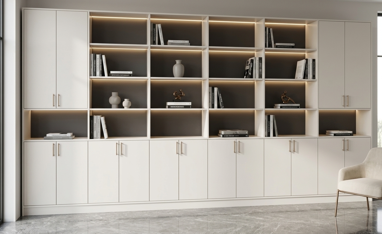 An incredibly lifelike, richly detailed, photorealistic eye-level interior shot of a sophisticated study room set in an elegant contemporary residence. The scene is illuminated by gentle, diffused natural daylight coming from off-camera architectural windows and warm, subtle LED backlighting concealed within the open shelving grid, creating an airy, refined, and light-filled atmosphere. Captured with a 35mm tilt-shift lens, emphasizing the smooth satin finish of the warm white millwork, the rich contrast of the soft charcoal-gray backing panels, and the delicate metallic sheen of slim champagne bronze handles. 

The custom floor-to-ceiling built-in wall unit dominates the space with balanced symmetry, featuring seamless lower cabinetry paired with curated open display bays. The shelves are artfully adorned with monochrome photography books, minimalist ceramics, and small abstract sculptures. Below, the polished gray stone floor softly reflects the light, complementing the muted palette of pearl, champagne, and soft gray. A tailored, cream-upholstered reading chair with slim metal legs rests just at the edge of the frame, bringing understated warmth and effortless elegance to this quiet sanctuary.