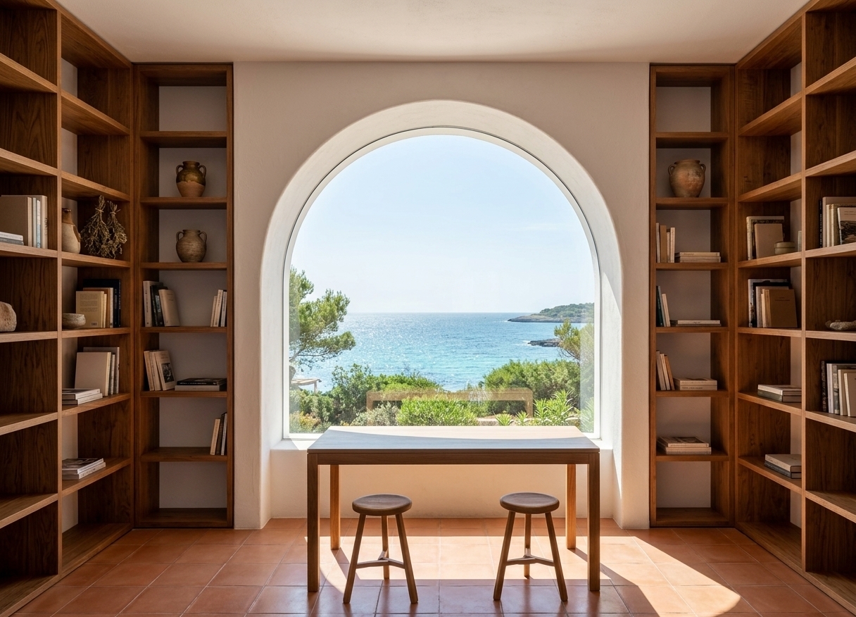 An incredibly lifelike, richly detailed, photorealistic wide-angle interior photograph of an executive home office set in a serene Mediterranean retreat. The scene is illuminated by bright, clear midday sunlight filtering through the central glass, creating a warm, tranquil, and inspiring atmosphere. Captured with a high-resolution full-frame camera and a 24mm lens, emphasizing the smooth texture of the whitewashed plaster wall arch, the rich grain of built-in wooden bookshelves on the left and right sides, and the glistening turquoise sea visible through the expanse of the window. In the center of the sunlit room, a sleek, rectangular wooden desk rests in front of the grand arched frame, paired with two minimalist wooden stools that cast crisp shadows onto the polished terracotta tile floor. Beyond the glass, lush Mediterranean coastal greenery and tranquil blue skies complete the airy, sun-soaked workspace.