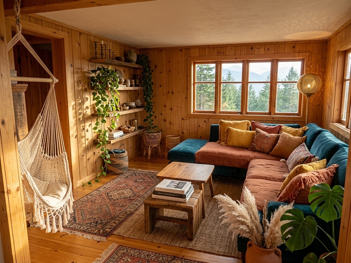 An incredibly lifelike, richly detailed, photorealistic wide-angle interior photograph of a cozy, bohemian living room sanctuary set in a sun-drenched timber cabin. The scene is illuminated by streamy golden, late-afternoon sunlight filtering through multi-paned wooden windows, creating a warm, relaxed, and free-spirited atmosphere. Captured with a 24mm f/2.8 lens, emphasizing the tactile textures of raw macrame knots, plush velvet upholstery, woven wool rugs, and lush leafy foliage.

The reimagined space elevates the rustic timber envelope into an eclectic bohemian oasis. The natural knotty pine wall paneling and low exposed ceiling remain, but are now enlivened by vibrant, globally-inspired accents. Center stage is a plush, low-profile sectional sofa dressed in rich deep teal velvet and warm rust-colored linen, piled high with an array of mustard yellow, terracotta, and patterned kilim throw pillows with playful fringe details. In front of the sofa, a pair of vintage patterned Moroccan and jute rugs are casually layered over the honey-toned wood floor, anchoring a handcrafted, low-slung teak coffee table stacked with oversized art and photography books. 

Where the simple industrial shelving once stood, custom floating reclaimed wood shelves showcase curated vintage treasures: brass candle holders, hand-thrown ceramics, traveler's artifacts, and trailing pothos vines that cascade gracefully toward the floor. An oversized, woven tapestry wall art featuring intricate geometric motifs in earthy neutrals hangs as a dramatic focal point against the wood paneled wall. In the corner, tall terracotta jars overflow with feathery pampas grass, while woven rattan planters house lush monstera plants and fiddle-leaf figs, breathing fresh life into every angle.

Near the window, a hanging macrame hammock chair with tassels sways gently, offering a cozy reading nook bathed in natural light. Outside the window, a breathtaking view of evergreen pine forests and misty distant mountain peaks frames the scene, establishing a harmonious connection between the cozy interior and the wild landscape. Ambient lighting is soft and inviting, provided by a perforated Moroccan brass floor lamp that casts delicate geometric light patterns across the ceiling as evening approaches. The atmosphere feels deeply lived-in, artistic, and effortlessly harmonious.