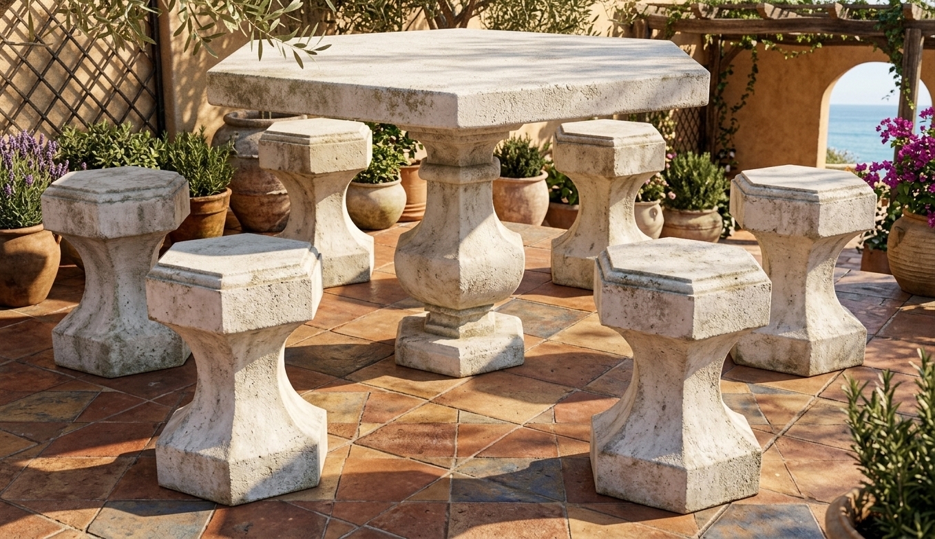 An incredibly lifelike, richly detailed, photorealistic landscape photo of a hexagonal stone garden table surrounded by six matching hexagonal stools set in the sun-drenched courtyard of a coastal Mediterranean retreat. The scene is illuminated by warm, golden natural sunlight filtering through olive branches, creating a relaxed, rustic, and inviting atmosphere. Captured with a 35mm lens, emphasizing the textured, aged surfaces of weathered white concrete and stone, subtle surface patinas, and earthy tile grain. Set on a patio of warm terracotta tiles in rich shades of rust, sand, and subtle coastal blues, the seating area is decorated with lush potted Mediterranean plants in clay urns, nearby wrought iron accents, and rustic wooden pergolas, evoking a cozy, sun-kissed haven fit for a high-end Mediterranean landscape photography book.