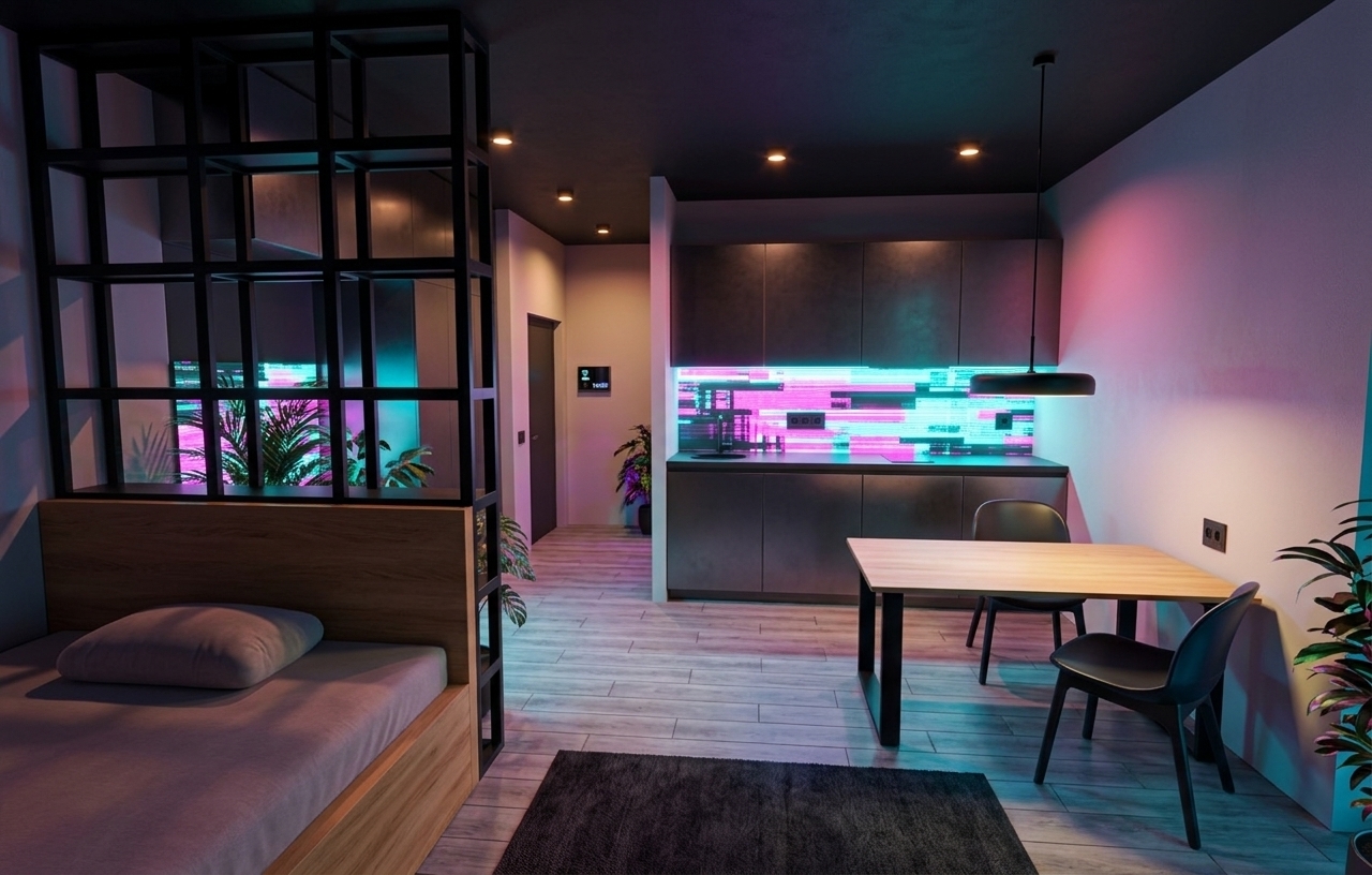 An incredibly lifelike, richly detailed, photorealistic wide-angle interior photo of an open-concept studio apartment and kitchen set in a modern high-rise at night. The scene is illuminated by pulsating bright neons, moody ambient glows, and warm recessed ceiling lights, creating a vibrant, futuristic techno wonderland atmosphere. Captured with a 24mm tilt-shift architectural lens, emphasizing sleek metallic finishes, modular surfaces, and sharp digital textures...

To the left, a plush bed framed in warm blonde wood sits beside a striking matte-black geometric grid room divider, creating a playful spatial distinction. The kitchen area showcases dark metallic charcoal cabinetry paired with a backwall featuring glowing digital glitch art that casts electric pink and cyan hues across the space. In the dining area, a light wood table with black metallic legs is paired with molded dark plastic chairs, sat directly under a hanging minimalist black disc pendant light. Light gray wood-look tile flooring stretches across the room, reflecting the dynamic array of neon tones and ambient lighting, while a matte dark ceiling grounds the futuristic aesthetic. Vibrant indoor plants placed thoughtfully around the space catch the colorful glowing reflections, adding a touch of organic life to this immersive, techno-inspired interior.