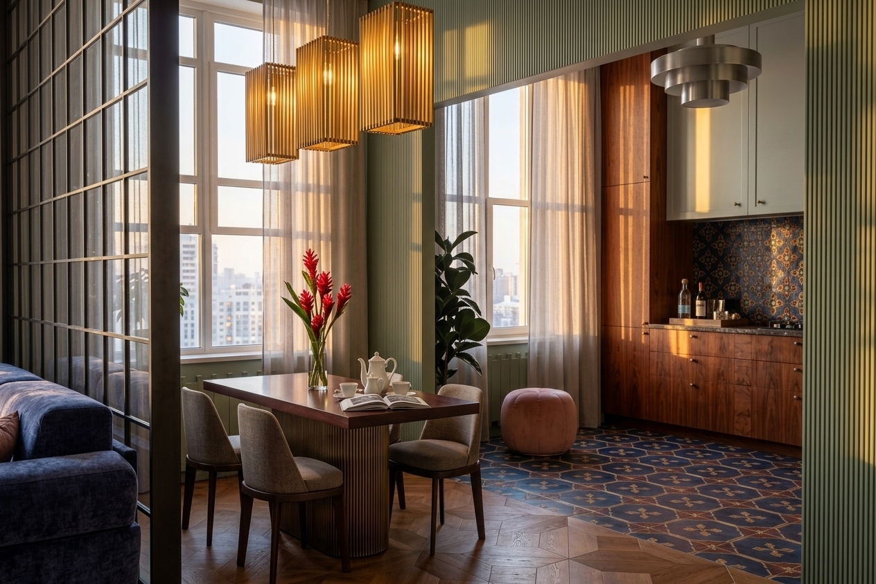 An incredibly lifelike, richly detailed, photorealistic eye-level interior photo of a sophisticated kitchen and open-concept dining space set in a chic urban apartment during a serene winter evening. The scene is illuminated by the radiant golden light of a low-setting sunset filtering through large sheer-draped windows, creating a warm, sensual, and vibrant atmosphere infused with exotic Moroccan mystique. Captured with a professional 35mm architectural lens, emphasizing the deep mahogany wood grains, metallic lusters, and intricate patterned surfaces, the composition flows seamlessly from the rich chevron parquet dining area to the kitchen's detailed geometric tile floor. At the center, a polished wood dining table resting on a fluted metallic base is adorned with a delicate white tea set, an open photography book, and a tall vase holding striking red tropical blossoms, surrounded by tailored contemporary chairs and a soft rose-tinted ottoman. Cascading above, an array of ornate golden slatted chandeliers casts a glowing light that complements the brass hardware, sage-green fluted wall panels, and deep reddish-brown wood cabinetry. In the background kitchen zone, a captivating backsplash incorporating intricate geometric tilework in shades of deep blues, earthy reds, and shimmering golds serves as a stunning focal point, perfectly balanced by a lush indoor rubber plant catching the gentle winter light.