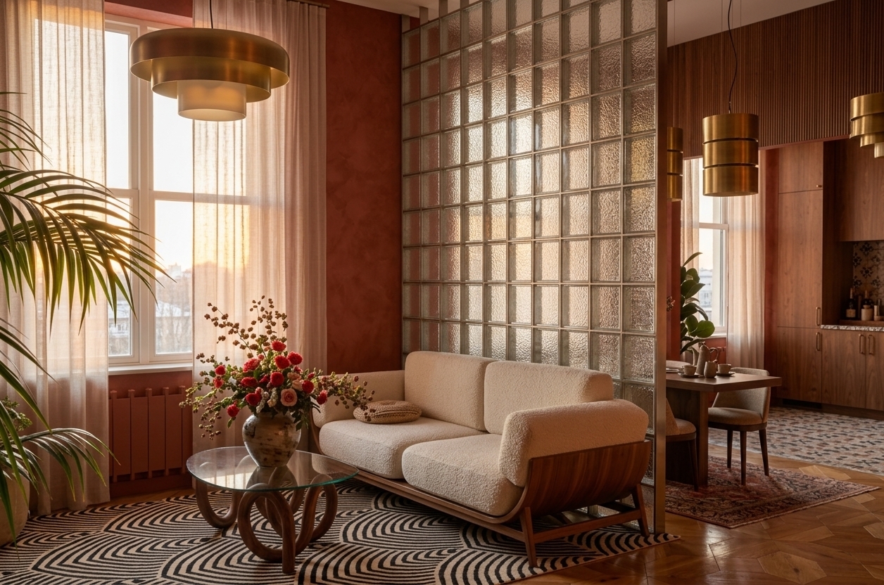 An incredibly lifelike, richly detailed, photorealistic wide-angle interior photo of an eclectic living room set in a cultured urban apartment during a crisp winter evening. The scene is illuminated by low-angled sunset light filtering softly through delicate sheer curtains, creating a warm, nostalgic, and sophisticated atmosphere. Captured with a 35mm architectural lens, emphasizing rich terracotta-red plaster walls, glossy oak parquet floors, and the shimmering grid of a translucent textured-glass room divider, the space masterfully embodies a "Travelers Trove" aesthetic. At the center, a cream-upholstered modern sofa with sculpted wooden frames rests upon a graphic, globally inspired patterned rug. In front, a glass coffee table with a twisted wooden base holds an artisanal ceramic vase brimming with vibrant red and pink blooms. Lush indoor palm foliage catches the fading light near the window, while brass layered pendant lights cast a soft glow over collected surfaces, vintage furniture accents, and a glimpse of an adjoining dining area, blending world-traveled artfulness with modern warmth.