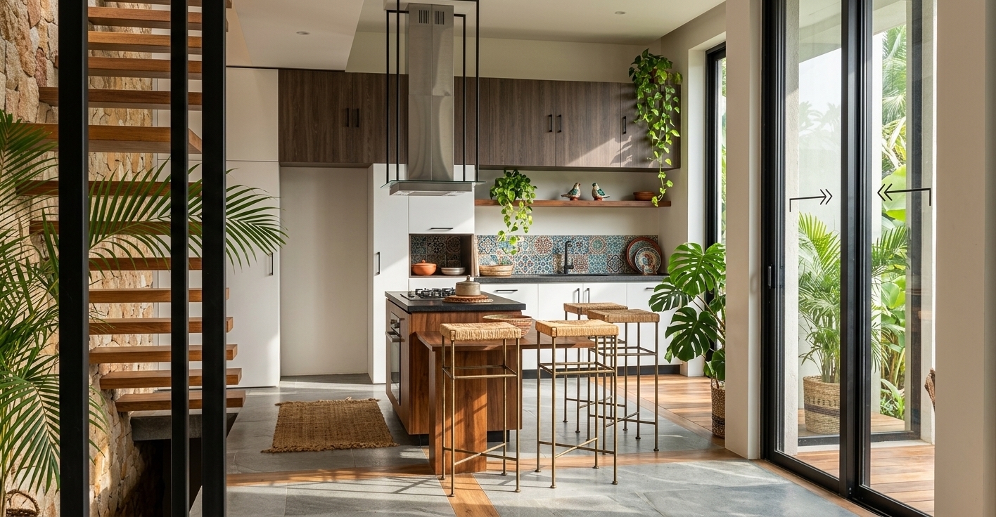 An incredibly lifelike, richly detailed, photorealistic interior photo of a modern kitchen set in a sun-drenched bohemian oasis. The scene is illuminated by brilliant, direct midday summer sunlight filtering through expansive floor-to-ceiling sliding glass doors, creating a warm, airy, and invigorating atmosphere. Captured with a 35mm wide-angle lens, emphasizing the vibrant clash of lush indoor tropical greenery, rich natural timber, and earthy stone textures, the open-plan space comes alive with color and life. 

Lush potted Monstera plants, trailing pothos, and vibrant tropical palms are artfully layered throughout, bringing fresh botanical energy to the clean white walls and sleek matte-black accents. The central kitchen island features a natural wood base topped with a dark counter, paired with minimalist bar stools that complement the laid-back, artisanal aesthetic. To the left, a rustic, warm-toned stone accent wall frames a floating timber staircase, while subtle colorful ceramics and woven bohemian details add personality and warmth, perfectly blending modern architecture with tropical relaxed luxury.