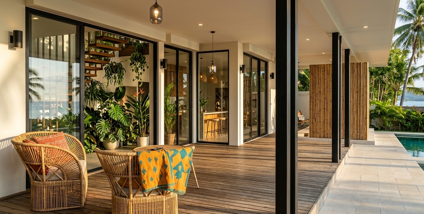 An incredibly lifelike, richly detailed, photorealistic architectural photo of a covered wooden deck on a modern bohemian oasis residence set in a lush tropical coastal environment. The scene is illuminated by low-angled golden late-afternoon sunlight, casting geometric shadows across rich teak floorboards while interior warm downlights cast a cozy glow, creating a serene, inviting, and vibrant atmosphere. Captured with a high-resolution 24mm prime lens, emphasizing the intricate woven texture of natural rattan armchairs, the smooth matte black finish of structural columns, and the reflections on floor-to-ceiling glass doors. Inside, a lush indoor jungle of vibrant tropical plants—including large monstera leaves, potted palms, and cascading greenery—fills the double-height space alongside a floating timber staircase. Bright, colorful bohemian textiles in shades of terracotta, saffron, and teal accent the outdoor seating, seamlessly blurring the boundary between cozy interior living and the sunny outdoor poolside terrace.