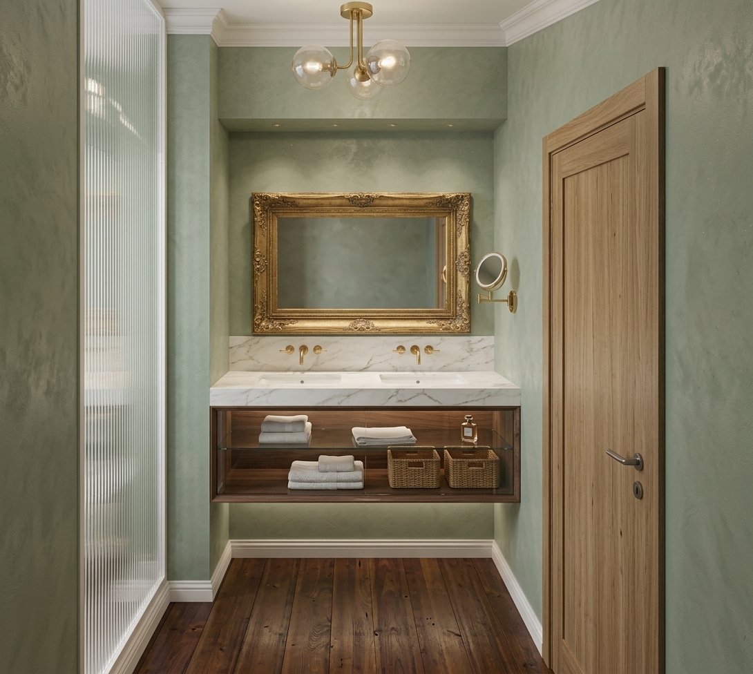 The photo presents a serene and elegant hotel bathroom, imbued with a distinct French country charm, captured from a direct, eye-level perspective. Soft, muted sage green walls create a calming backdrop, accented by crisp white crown molding that traces the ceiling, hinting at classic architectural detailing. A double vanity takes center stage, featuring a pristine white countertop, likely marble or quartz, housing two sleek, oval undermount sinks with elegant brass faucets. Beneath, the vanity cabinet is crafted from rich, warm-toned wood, offering open shelving filled with neatly folded white towels and decorative storage boxes, adding to the room's inviting functionality. Above the vanity, an exquisitely ornate, rectangular gold-framed mirror reflects the room, while a stylish brass light fixture with two frosted globe bulbs provides soft, ambient illumination from above. To the right, a light-toned wooden door, possibly oak or ash, with vertical paneling and a simple handle, stands slightly ajar, revealing a glimpse of the room's entry, complemented by a small, articulating round brass mirror mounted on the adjacent wall. The floor features wide planks of polished, medium-toned hardwood, adding warmth and grounding the space. The overall composition is balanced and symmetrical, highlighting the refined finishes and timeless design elements that evoke a sense of quiet luxury and pastoral elegance, typical of a high-end French country aesthetic.