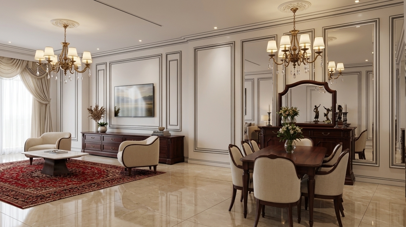 An incredibly lifelike, richly detailed, photorealistic wide-angle interior photo of a classical living room and dining suite set in an opulent grand residence imbued with subtle Art Deco glamour. The scene is illuminated by warm ambient light from twin brass chandeliers, recessed ceiling spotlights, and gentle daylight filtering through sheer floor-to-ceiling drapes, creating a refined and inviting atmosphere. Captured with a professional 24mm architectural lens, emphasizing the glossy reflections on the beige polished marble flooring, delicate boiserie wall paneling, rich dark mahogany wood grains, and plush cream upholstery. On the left, a formal lounge area boasts tailored cream armchairs set around a sleek white coffee table atop a rich red patterned rug. To the right, a classic dark-wood dining ensemble with cream-upholstered chairs sits beneath a matching chandelier, anchored by an ornate sideboard topped with a shaped mirror. The seamless blend of classical molding, rich dark timbers, and gleaming marble creates an atmosphere of timeless sophistication and luxurious residential comfort.
