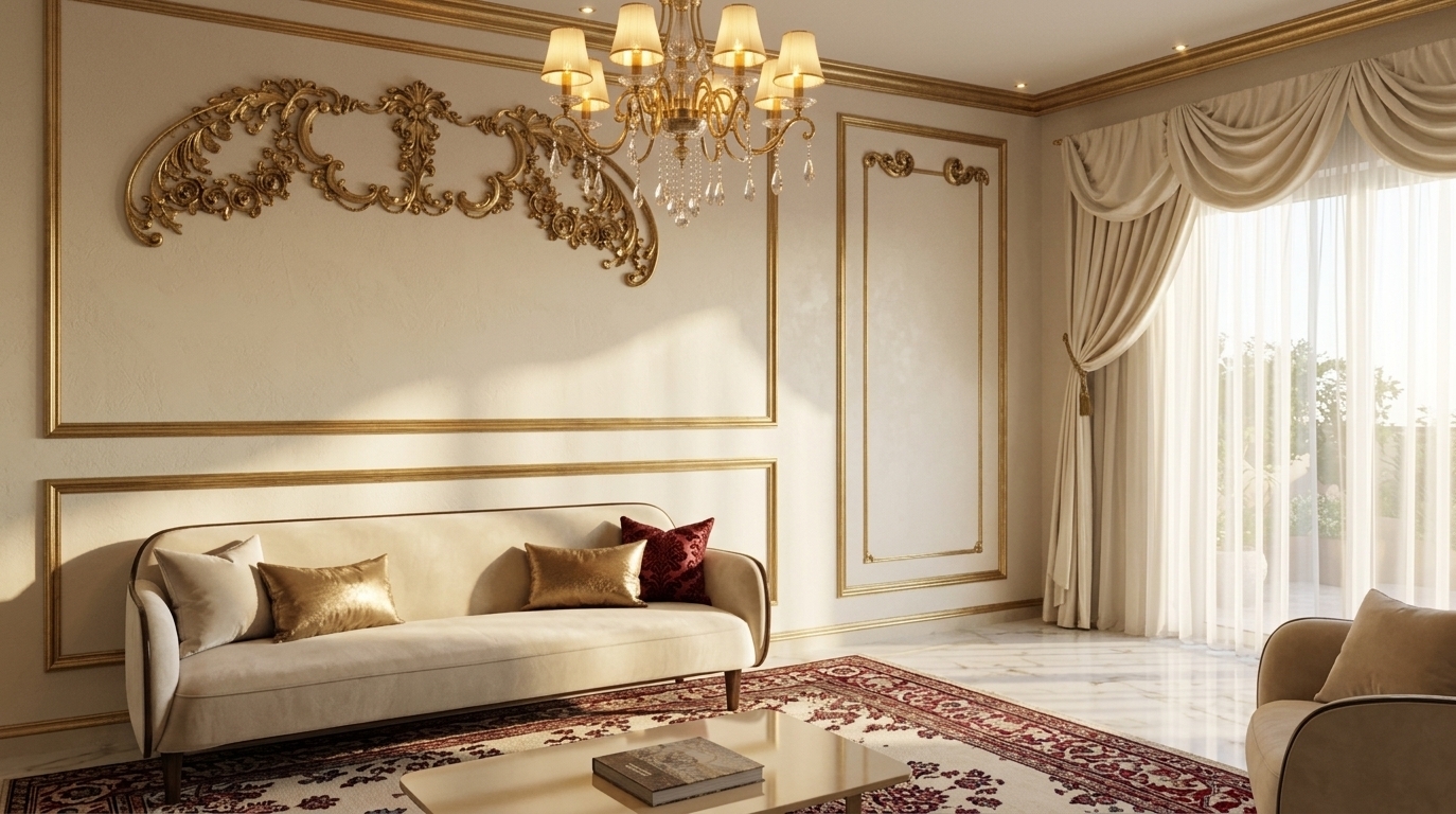 An incredibly lifelike, richly detailed, photorealistic wide-angle interior shot of an opulent Art Deco-infused classical living room set in a luxury European penthouse residence. The scene is illuminated by warm, late-afternoon sunlight filtering through sheer silk curtains alongside the golden glow of a grand crystal chandelier, creating a sophisticated and extravagantly serene atmosphere. Captured with a 35mm prime lens, emphasizing polished Calacatta marble floor reflections, intricate gilded wall moldings, and plush velvet textiles, the reimagined space seamlessly blends classical architectural wainscoting with geometric Art Deco glamour. A streamlined, cream-upholstered modern-classic sofa featuring dark wood and brass trims is adorned with metallic gold and damask accent pillows, anchored by a rich crimson and ivory patterned rug. In the background, dramatic floor-to-ceiling cream drapes frame expansive windows that reveal a sun-drenched private garden terrace, while the balanced, symmetrical layout invites an immediate sense of refined comfort, spatial harmony, and high-end elegance.