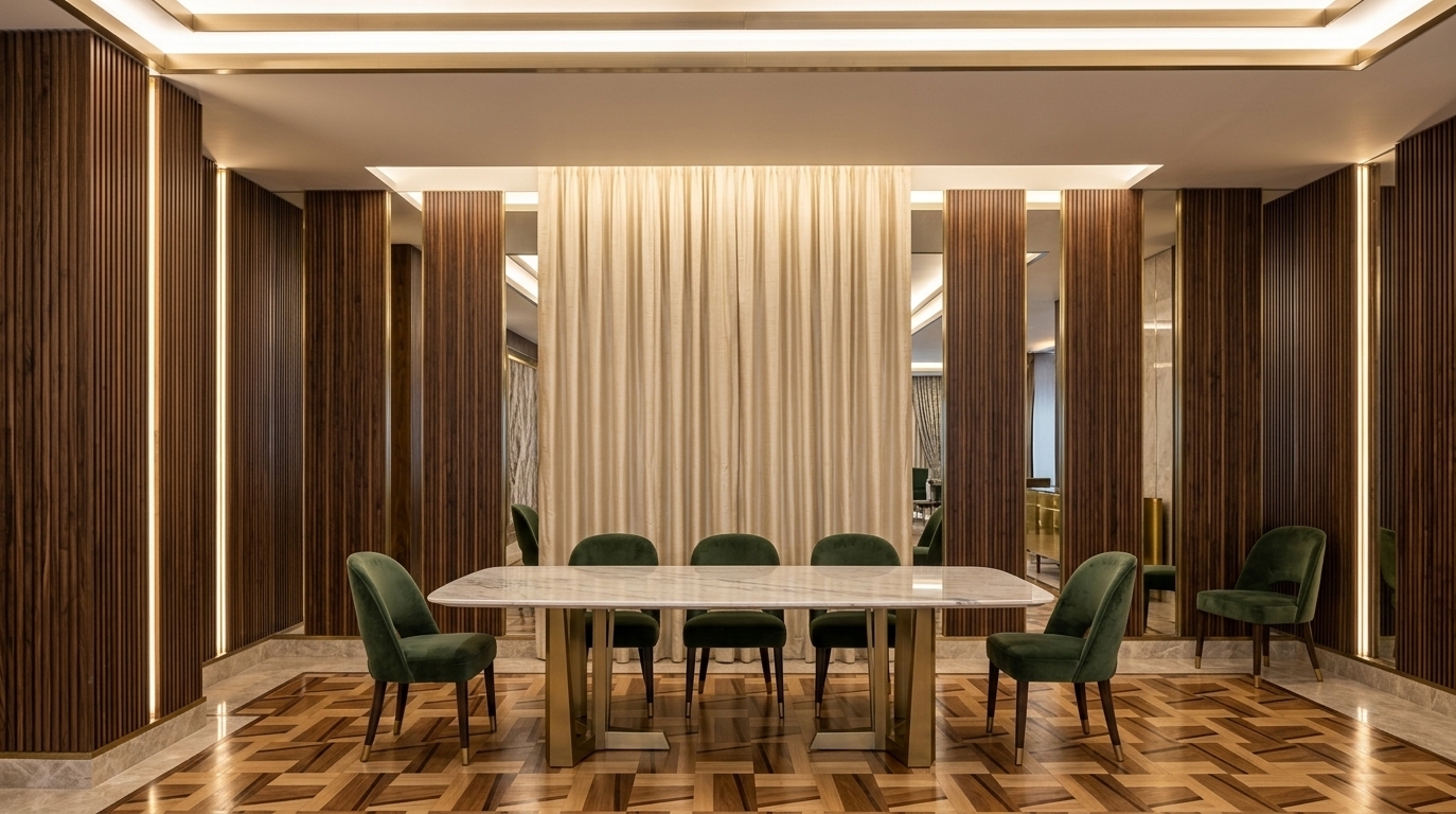 An incredibly lifelike, richly detailed, photorealistic wide-angle interior shot of an extravagant dining room set in a high-end luxury residence. The scene is illuminated by ambient recessed cove lighting and integrated vertical LED strips, creating a warm, opulent, and inviting atmosphere. Captured with a 35mm architectural lens, emphasizing the tactile fluted wall textures, reflective brass accents, and pristine floor finishes, the design exudes pure Art Deco glamour. In the center of the space, a sleek, floor-to-ceiling draped silk curtain serves as a dramatic backdrop, flanked by rhythmic ribbed panels and mirrored inserts. Perfectly positioned in the foreground is a magnificent Art Deco dining table featuring a polished marble surface and geometric brushed-gold pedestal legs, surrounded by plush, velvet-upholstered dining chairs that bring refined elegance and comfort to this lavish entertaining space.