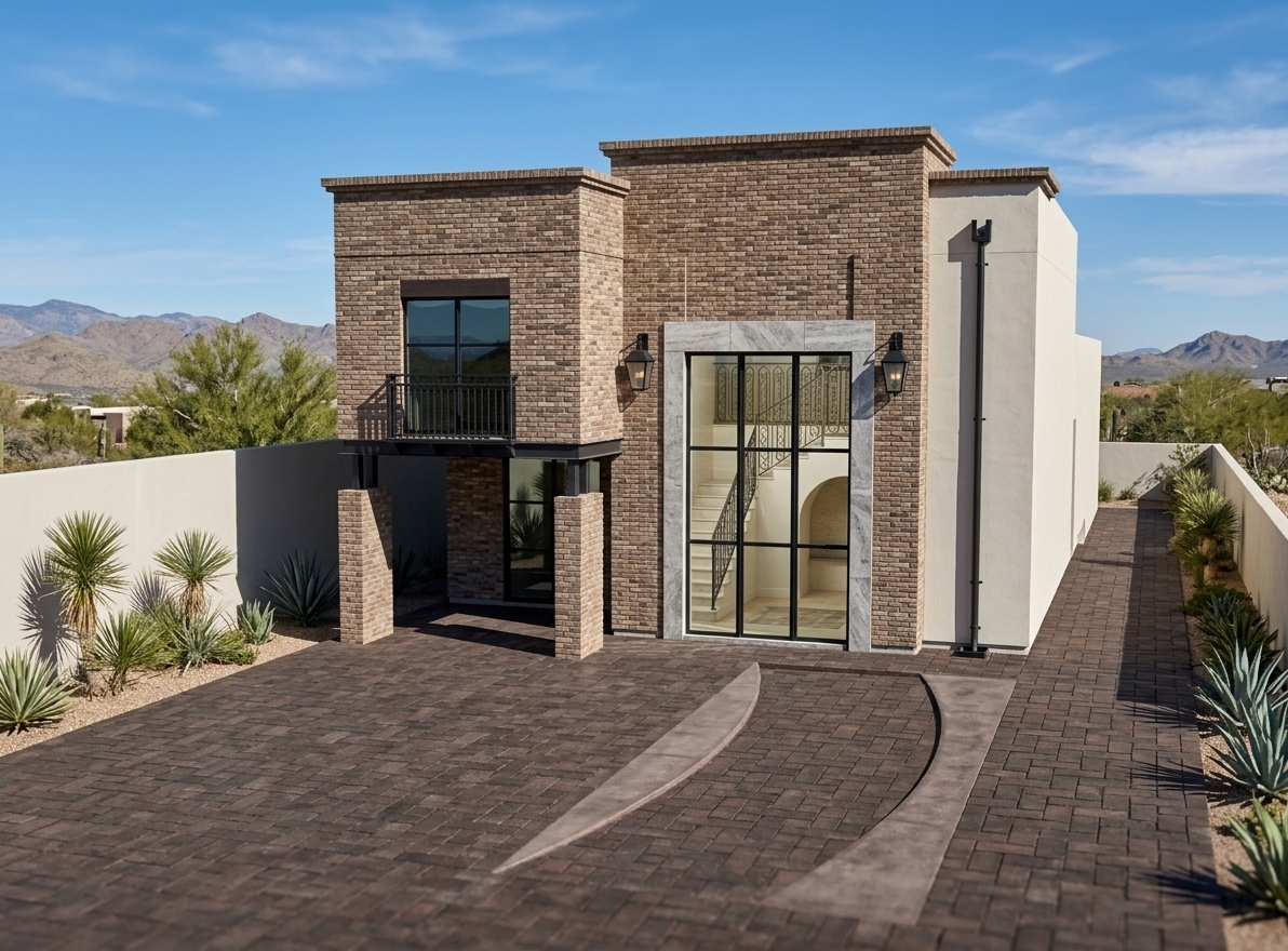 An incredibly lifelike, richly detailed, photorealistic exterior eye-level shot of a modern two-story brick and stone residence set in a secluded mountain escape surrounded by subtle desert vegetation. The scene is illuminated by brilliant 2 PM summer daylight with an HDR sky, creating a crisp, sophisticated, and sun-drenched atmosphere. Captured with a professional 24mm tilt-shift architectural lens, emphasizing tactile PBR brick textures, travertine stone veining, and realistic glass reflections, the facade showcases multi-tonal brown brickwork with authentic mortar depth paired against a massive double-height entryway encased in porous gray travertine stone. Soft ambient light from two black wall-mounted carriage lanterns frames the grand entrance, whose floor-to-ceiling multi-pane black metal glazing reveals a sunlit foyer featuring a sweeping white stone staircase with an intricate wrought-iron banister and an arched alcove beyond. To the left, a cantilevered upper floor with a black iron balcony sits atop robust brick piers fitted with dark structural steel brackets, casting sharp, ray-traced geometric shadows onto the shaded alcove below. A smooth, off-white plaster wing flanks the right side, anchored by a vertical black drainage pipe, while the foreground is defined by a meticulously laid drive of dark reddish-brown stone pavers showing subtle surface weathering, complete with a smoothly contoured access ramp, all brought to life with magazine-quality clarity, depth of field, and perfect global illumination reminiscent of high-end ArchDaily architectural photography.