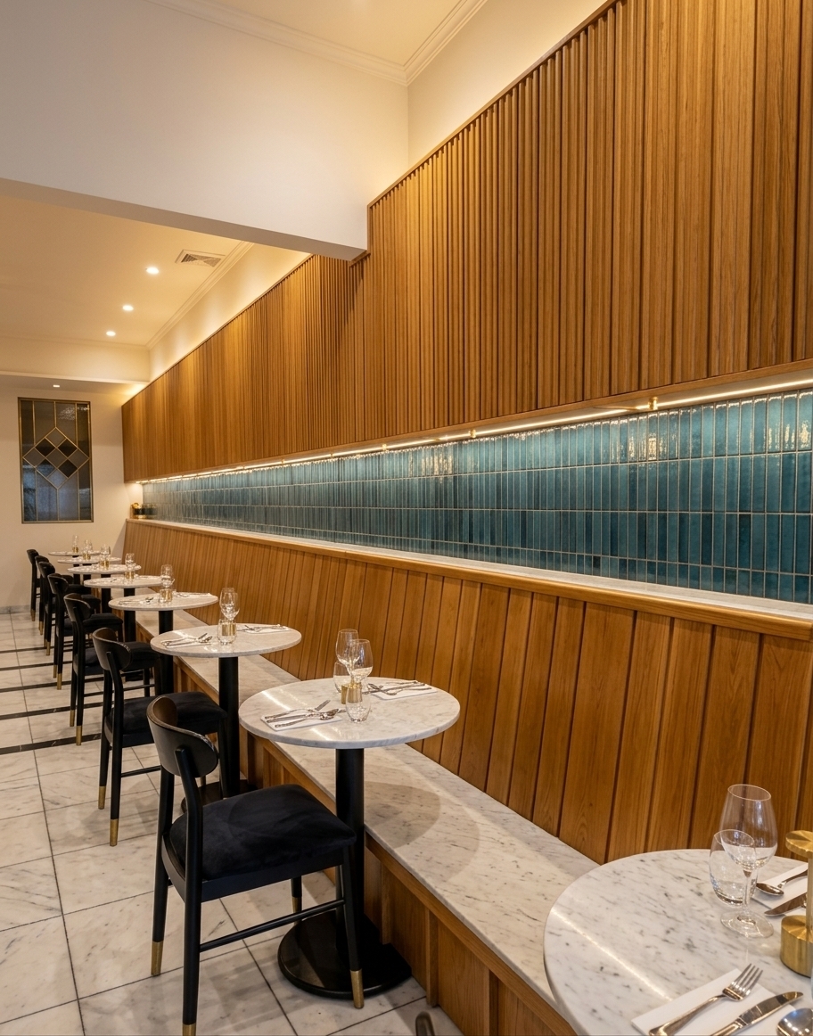 An incredibly lifelike, richly detailed, photorealistic eye-level interior photo of an opulent Art Deco restaurant dining area set in a sophisticated urban venue. The scene is illuminated by warm white recessed spotlights and soft under-cabinet LED strip lighting, creating a sultry, glamorous, and welcoming atmosphere. Captured with a 24mm architectural lens, emphasizing the tactile vertical wood slatted cabinetry, lustrous sea-green glazed tile backsplashes, and pristine polished marble surfaces.

The continuous banquette seating area maintains the original design's rich honey-toned fluted wood paneling and matching upper bulkhead cabinets, anchored by a vibrant middle band of vertically stacked teal-blue ceramic tiles that catch the ambient golden glow. In front of the long bench, a series of dining arrangements feature round tables crafted with black-stained wood pedestal bases and polished white Carrara marble tops. Sleek black wood dining chairs with subtle Art Deco curves, brass leg tips, and plush dark velvet seats line the aisle, providing an elegant contrast. Soft ambient light glints off metallic brass details on the wall fixtures and table settings, completing a harmonious layout that seamlessly balances classic Art Deco decadence with clean modern warmth.