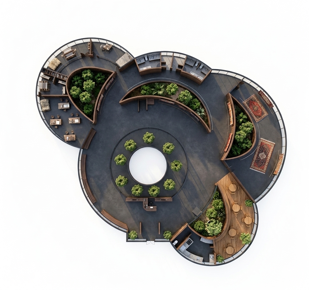 An incredibly lifelike, richly detailed, photorealistic top-down architectural floorplan photo of an avant-garde carpet museum and interactive design workshop set in a serene digital zen environment. The scene is illuminated by soft, natural light streaming through expansive glass walls and open-air inner oculus cutouts, creating a serene, balanced atmosphere. Captured with a high-resolution tilt-shift lens, emphasizing smooth dark polished concrete floors, rich timber accents, and the rich textures of handcrafted carpet displays. The fluid, intersecting circular layout gracefully wraps around lush indoor tree-filled courtyards, creating a seamless connection with nature. Every functional zone is clearly rendered in striking clarity: dedicated textile workshops featuring precision looms and drafting desks, an intimate curved presentation theater, sleek exhibition galleries displaying intricate woven tapestries, and a sunlit modern café furnished with warm oak seating.