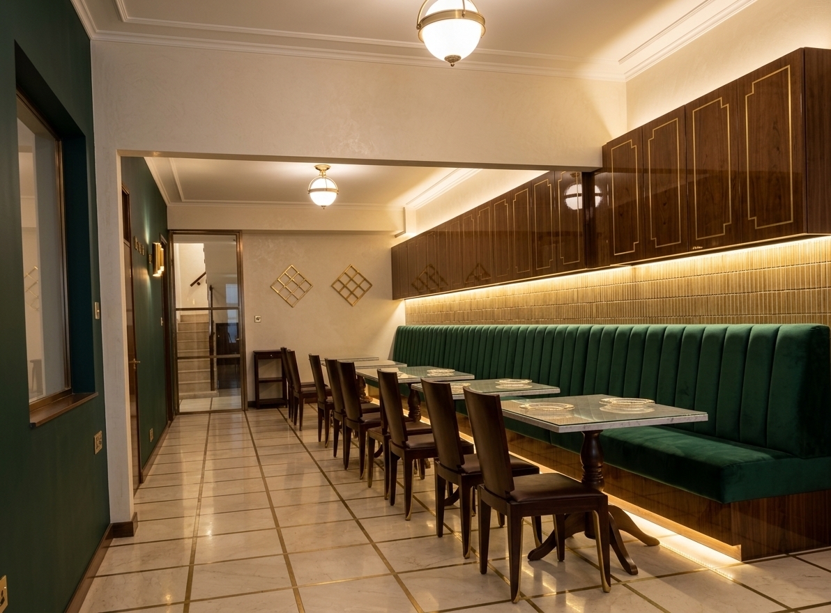An incredibly lifelike, richly detailed, photorealistic wide-angle interior shot of a refined dining space set in an opulent boutique restaurant. The scene is illuminated by soft, warm white ambient lighting from back-lit wood paneling, glowing under-seat coves, and brushed brass sconces, creating a lavish and intimate atmosphere. Captured with a 24mm tilt-shift lens, emphasizing rich walnut textures, gleaming metallic accents, smooth marble, and reflective glass surfaces, the original layout is elevated with breathtaking Art Deco glamour. The long wall features a continuous channel-tufted velvet banquette in deep jewel tones, framed by high-gloss walnut cabinetry embellished with geometric brass inlays. Flush on top of each marble dining table rests a protective, crystal-clear glass plate that catches the soft, golden reflections of the overhead lighting. Streamlined Art Deco dining chairs crafted from dark mahogany with curved brass legs complement the seating row. Above the banquette, a textured backsplash of fluted, golden-hued ceramic tiles is bathed in a warm white wash, while the glossy floor features geometric brass strips embedded into polished cream marble tile, directing the eye toward the elegant bronze-framed archway at the rear.