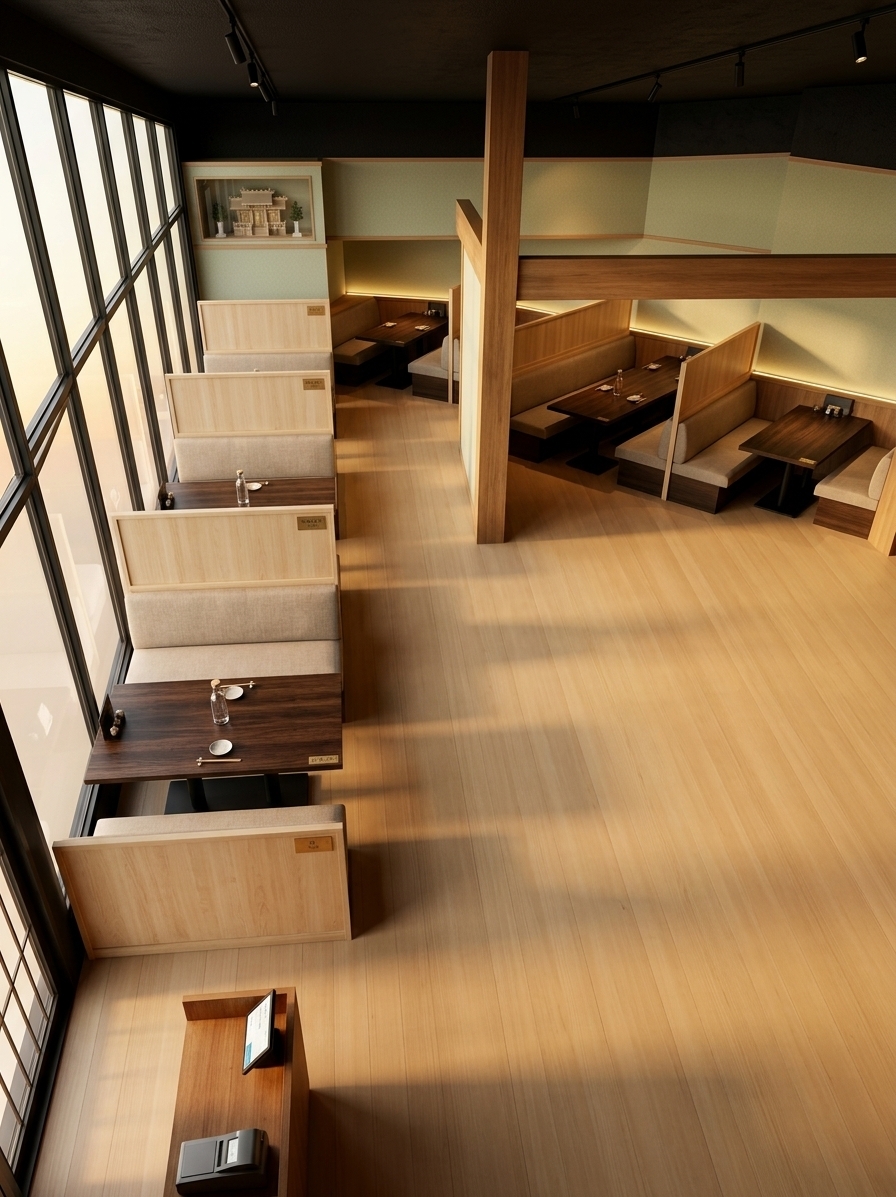 An incredibly lifelike, richly detailed, photorealistic high-angle interior architecture photograph of an elegant Japanese modern restaurant layout set in a serene Japanese Zen dining room. The scene is illuminated by the low, golden sunset light streaming through expansive grid-framed windows on the left, creating a peaceful, warm, and contemplative atmosphere. Captured with a 24mm architectural lens, emphasizing the tactile wood grain, smooth plaster textures, and soft fabric upholstery. Looking across the meticulously organized layout, rich dark brown wooden dining tables are flanked by comfortable bench sofas in a refined beige fabric, seamlessly matching the elegant beige wooden privacy screens that divide each booth. Overhead, a sophisticated matte black ceiling creates a striking modern contrast against delicate, pale sage green wallpaper adornments. A prominent structural wooden pillar frames the refined dining stalls, leading the eye down to a warm timber cashier counter near the entrance, all rendered in the tranquil, ambient shadows and golden reflections of dusk.