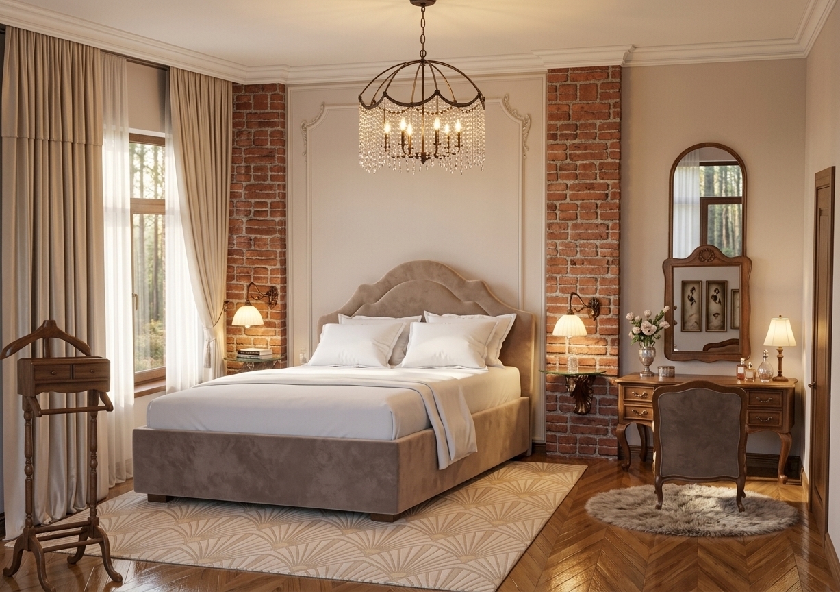 An incredibly lifelike, richly detailed, photorealistic wide-angle interior shot of an opulent Art Deco bedroom set in an elegant high-end residence. The scene is illuminated by soft, warm sunlight filtering through sheer drapery combined with the ambient golden glow of a beaded crystal chandelier and wall sconces, creating a romantic and sophisticated atmosphere. Captured with a professional 35mm architectural lens, emphasizing plush velvet upholstery, polished wood textures, and refined wall finishes...

Centered in the room, a soft taupe velvet upholstered bed with crisp white linens sits atop a newly styled Art Deco rug featuring subtle geometric fan patterns in champagne and cream tones, seamlessly matching the warm interior palette. Exposed red brick columns frame delicate wall paneling, now trimmed along the top with intricate white ceiling crown molding that unifies the space. To the right, a classic carved wood vanity with a tall arched mirror rests elegantly on flawless, high-gloss herringbone oak parquet floors that reflect light with stunning realism. Tall floor-to-ceiling silk drapes flank the window on the left, revealing a tranquil forest landscape outside and completing this luxurious master bedroom retreat.