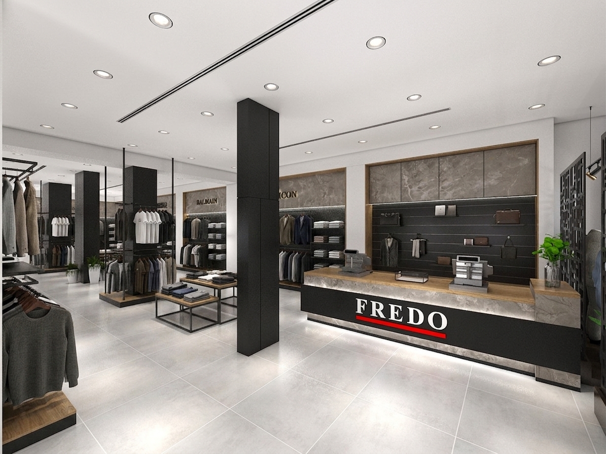 A high-end architectural interior photograph of a luxury boutique store, maintaining the exact perspective, camera angle, tile layout, pillar positioning, and spatial geometry of the original scene. Bright, vibrant interior lighting floods the showroom from crisp recessed ceiling spotlights, casting soft, realistic shadows across the polished light grey tiled floor. The ambient store lighting is noticeably brighter and warmer, with luminous LED strip backlighting accentuating the wall logos and illuminating the sleek black FREDO counter face. The previously empty wall niches and display alcoves are now richly stocked with neatly folded luxury sweaters on stone shelves and stylish designer garments hanging from matte black hangers. Surrounding the dark textured columns, the black metal hanging rails and shelving units are filled with impeccably arranged clothing, including tailored jackets and shirts. The slatted dark wall behind the cash desk is organized with a premium collection of fine leather belts hanging on hooks and neatly stacked luxury underwear boxes on integrated ledges. Captured with a sharp wide-angle lens, the scene features authentic photographic qualities like subtle micro-reflections on tile surfaces, detailed fabric textures, faint lens vignetting at the frame edges, and natural sensor grain in the deeper shadows.
