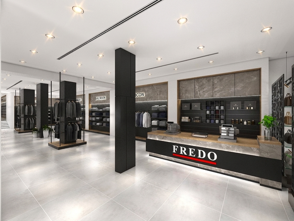 A bright, eye-level architectural interior photograph of this luxury retail boutique, captured with a wide-angle tilt-shift lens that maintains the exact perspective, geometry, and layout of the scene. The recessed ceiling spotlights are noticeably bright, casting vibrant, warm pools of light onto the polished light-gray floor tiles with soft, realistic specular reflections. The brand logos—BALMAIN, ICON, and the FREDO desk logo—are clearly illuminated with crisp, backlit halo lighting and subtle glow effects. The recessed wall niches and horizontal shelves are fully stocked with neatly folded designer clothing, while the black metal hanging rails mounted around the dark textured columns hold curated luxury garments on dark minimalist hangers. The black slatwall background niche behind the cash desk is meticulously filled with displayed leather belts on sleek hooks and neatly arranged luxury underwear packaging boxes. The wood and marble textures on the cash desk show natural matte finishes and faint micro-reflections under the heightened lighting, creating a realistic, high-end commercial photograph with deep tactile realism, soft ambient shadows, and pristine clarity.
