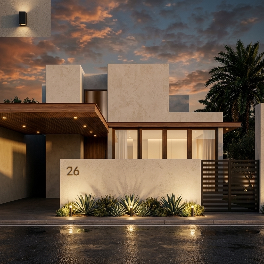 An incredibly lifelike, richly detailed, photorealistic front-facing architectural exterior shot of a modern Mediterranean retreat villa set in a serene, sun-drenched coastal environment. The scene is illuminated by the dramatic golden-hour sky and warm, recessed architectural up-lighting, creating an inviting, tranquil, and luxurious atmosphere. Captured with a professional wide-angle tilt-shift lens at eye level, emphasizing the subtle textures of the off-white stucco walls, rich slatted wood soffits, and refined wrought-iron details.

The villa’s exterior showcases a harmonious blend of bold geometric forms and organic materials. Sharp, clean-lined cubic volumes finished in a textured, off-white plaster present an earthy yet contemporary facade. Expansive, floor-to-ceiling glass windows framed in dark timber reveal glimpses of a softly lit interior, adorned with warm neutral tones, indoor plants, and subtle decor. 

A dramatic wooden canopy projects over the entrance and carport, its undersurface clad in rich, warm-toned timber slats with integrated recessed spotlights that cast a soft downlight onto the stone-paved driveway. Adjacent to this, a slender black wrought-iron gate provides security while offering a glimpse into a lush, palm-lined side pathway. 

In the foreground, a low-profile boundary wall bears a clean, minimal brass house number "26". Below it, a neatly arranged bed of agaves, succulents, and low-lying Mediterranean flora is brilliantly highlighted by an array of ground-mounted spotlight uplights, creating a striking interplay of light and shadow along the pavement. Two tall, majestic date palm trees frame the residence against a breathtaking twilight sky filled with scattered clouds painted in shades of vibrant terracotta, glowing orange, and deep dusk blue. 

The damp asphalt street in the immediate foreground catches shimmering reflections of the warm architectural lighting and the radiant sunset, grounding the composition with exceptional realism and depth.