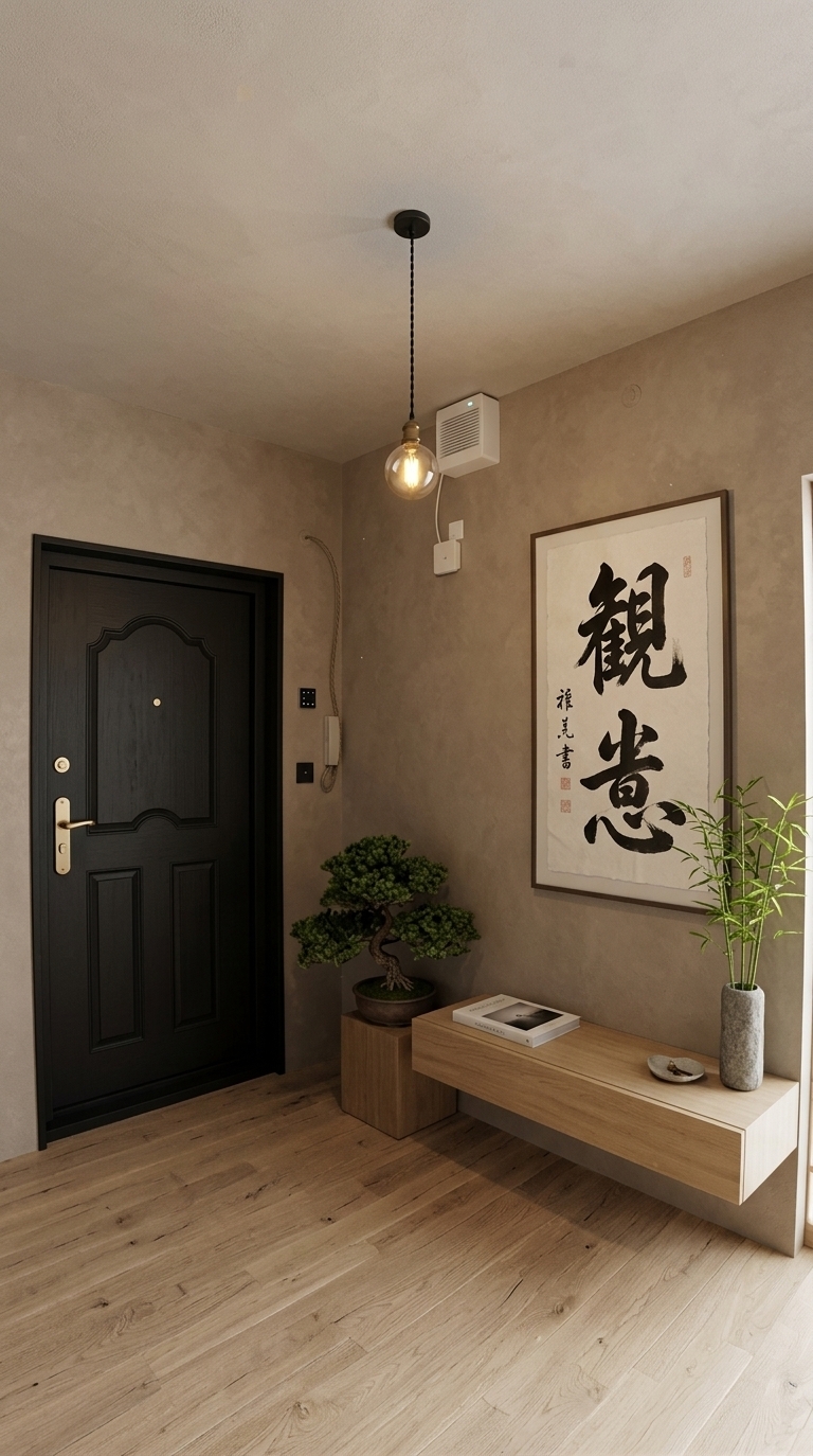 An incredibly lifelike, richly detailed, photorealistic wide-angle interior shot of a Japanese Zen-inspired entryway mudroom set in a tranquil, contemporary home. The scene is illuminated by soft, diffused natural light filtering from an adjacent shoji screen window complemented by warm, ambient hidden recessed LEDs, creating a calm, harmonious atmosphere. Captured with a 24mm f/2.8 architectural lens, emphasizing the tactile grain of solid white oak, textured limewash plaster, and smooth dark slate stone flooring at the entry threshold. Reimagining the original utilitarian entryway, the dark door is transformed into a sleek, matte-black wood panel door with refined brass hardware, leading onto a lowered genkan area. The bare main wall now features a subtle warm taupe plaster finish, adorned with a large framed Japanese calligraphy artwork executed in bold black sumi ink on handpressed paper. Beneath this focal art hangs a floating, low wooden bench in natural light oak, its clutter-free surface neatly displaying a minimalist photography book alongside a small, hand-crafted ceramic key dish. Bringing life and subtle color into the balanced neutral and black color palette, a lush potted bonsai tree sits atop a low pedestal in the corner, while a tall stone vase with slender green bamboo shoots adds a fresh, wabi-sabi aesthetic to the peaceful, uncluttered sanctuary.