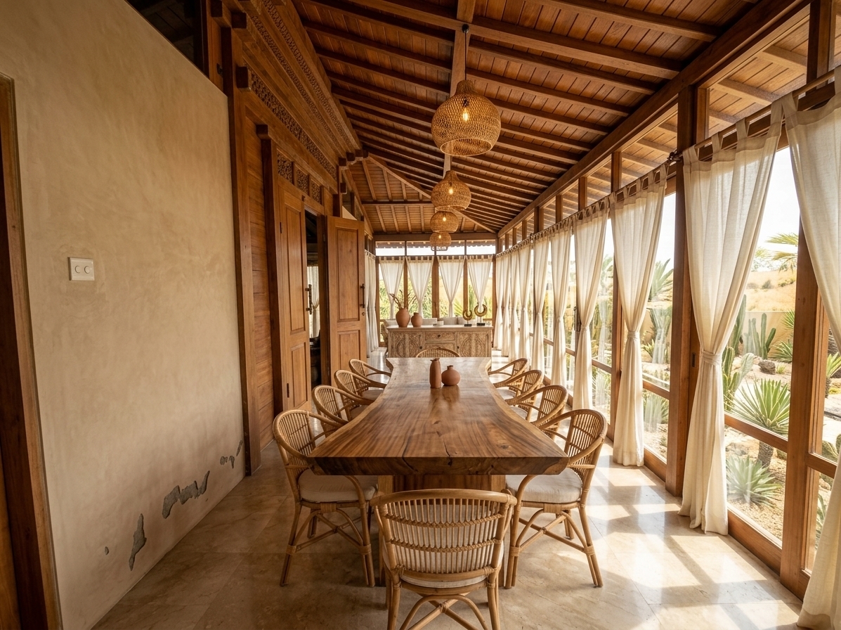 An incredibly lifelike, richly detailed, photorealistic wide-angle interior photograph of a luxurious Balinese traditional dining room within an open-concept Joglo house set in a tranquil desert retreat. The scene is illuminated by brilliant midday summer sunlight piercing through sheer linen drapes, creating a serene, earthy, and sun-drenched atmosphere. Captured with a Hasselblad X2D 100C and a 24mm f/2.8 lens, emphasizing the intricate hand-carved teak ceiling beams, raw plaster wall finishes, and polished floor reflections. In place of the original layout, a dramatic live-edge teak dining table sits proudly along the spacious central corridor, surrounded by handcrafted rattan dining chairs with plush off-white linen seat cushions. The left side features a smoothly finished micro-cement wall in a warm desert-sand tone, while the long right wall is lined with floor-to-ceiling timber-framed glass windows draped in sweeping ivory linen curtains that draw back to reveal a captivating view of arid cacti, lush palms, and golden desert landscape. At the far end of the hall, an artisanal carved wooden sideboard is dressed with minimalist terracotta vases and sculptural brass decor, while woven rattan pendant lights hang delicately from the sloping wooden rafters, establishing a perfect harmony between traditional Javanese architectural grandeur and contemporary desert minimalism.