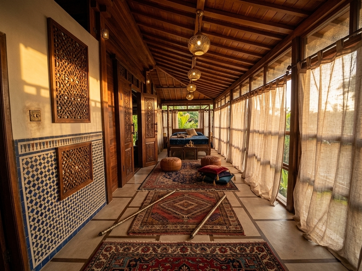 An incredibly lifelike, richly detailed, photorealistic wide-angle interior photo of an exotic Moroccan-inspired living room set in a secluded tropical estate sanctuary. The scene is illuminated by the dramatic, low-angled golden rays of a summer sunset streaming through floor-to-ceiling sheer linen drapery, creating a warm, sensual, and mystical atmosphere. Captured with a professional 35mm lens, emphasizing the rich tactile textures of embroidered silks, polished cedarwood, hand-carved metals, and glazed zellige tiles.

The long, vaulted spatial layout transitions into a luxurious sanctuary defined by a color palette of deep sapphire blues, ruby reds, and shimmering burnished golds. The once-bare concrete wall on the left is transformed with a dramatic geometric wall art installation consisting of hand-painted Moroccan tiles and intricate wooden fretwork. Beneath the warm wood-beamed ceiling, an ornate array of pierced brass pendant lights hangs down, casting ethereal geometric shadows across the floor. Low-slung lounge seating features plush velvet sofas piled with tasseled silk cushions and camel leather poufs, arranged harmoniously around a hand-carved cedarwood coffee table adorned with a brass tea set. Layered Persian and Berber rugs cover the floor in vibrant patterned surfaces, while lush indoor banana plants and fiddle-leaf figs in tall hammered-copper planters frame the view toward the sun-drenched garden outside, perfectly balancing human scale, opulent comfort, and timeless Middle Eastern craftsmanship.