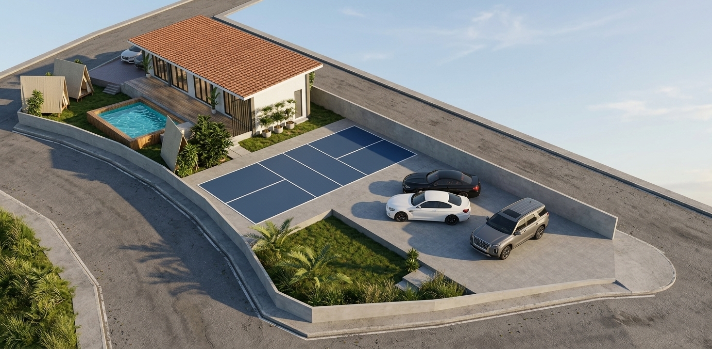 High-angle aerial drone photograph capturing the modern minimalist residential compound from the exact elevated camera angle and perspective shown in the scene. The entire property is illuminated by bright late-afternoon natural sunlight casting soft, long shadows across the textured grey asphalt surrounding roads and smooth concrete perimeter walls. The main villa showcases matte white plaster walls, slim black anodized aluminum window frames with crisp glass reflections, and a textured clay terracotta tiled roof showing natural tonal variations. The rectangular swimming pool features clear turquoise water with gentle surface ripples and caustic light patterns, bordered by a warm teak wood deck with fine natural grain and slight water dampness. Adjacent sits a deep blue sports court made of matte synthetic acrylic with sharp white lines. In the smooth concrete driveway, three realistic modern vehicles—a glossy white sports coupe, a metallic black sedan, and a dark grey SUV—display deep glossy paint reflections, realistic tire rubber textures, and clear glass tinting. The lawn features vibrant, micro-textured green grass with realistic tropical palms and pristine white canvas A-frame tents in the corner, rendered with clean architectural photographic realism, subtle depth of field, and natural lighting imperfections.