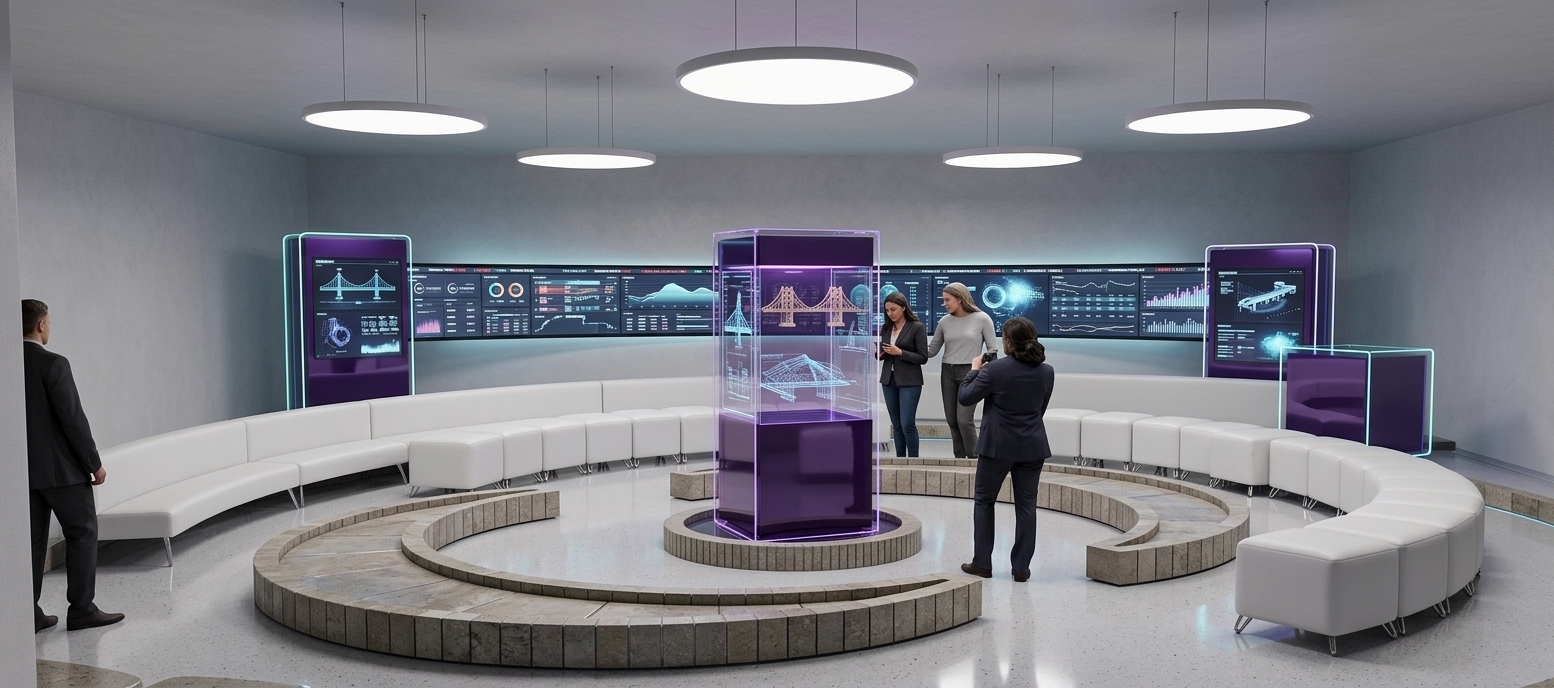 An incredibly lifelike, richly detailed, photorealistic wide-angle interior shot of a futuristic exhibition hall set in a windowless vocational orientation center. The scene is illuminated by brilliant, volumetric technical lighting paired with vibrant purple and cyan accents, creating an immersive, corporate sci-fi atmosphere. Captured with a professional 24mm architectural lens, emphasizing the matte leather, polished terrazzo reflections, and high-tech digital projections. At the heart of the concentric layout, sleek vertical interactive display pods—finished in deep glowing purple tones—showcase laser-cut structural bridge mockups and holographic blueprints inside crystal-clear acrylic cases. Encircling these central exhibits are sweeping, minimalist modular sofas upholstered in pristine white matte leather with refined metallic legs. In the background, a continuous curved panoramic LED information ticker screen glows with dynamic digital data and charts, casting soft color onto the seamless, polished light grey terrazzo floor. Above, high-tech floating retroilluminated circular acoustic panels hang gracefully from subtle architectural tensile wires, bringing striking verticality and modern elegance to this futuristic techno wonderland.