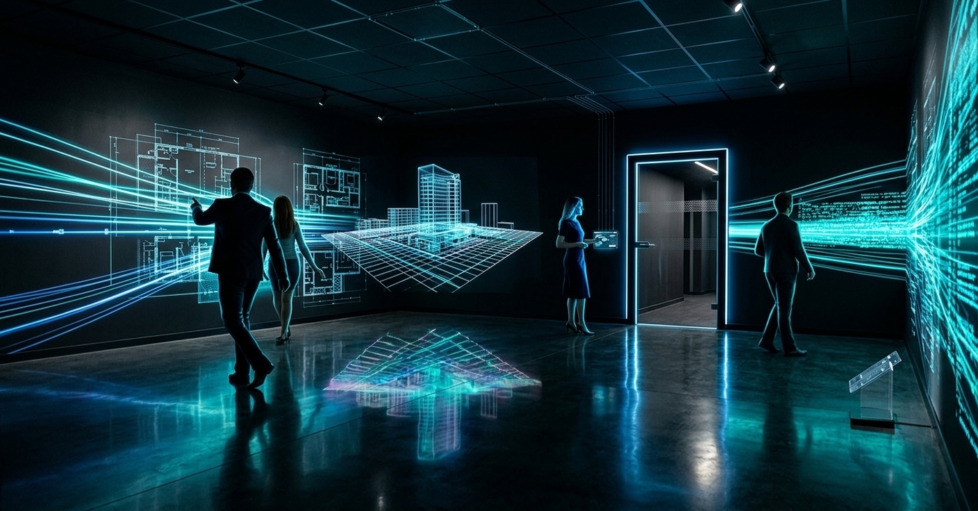 An incredibly lifelike, richly detailed, photorealistic wide-angle interior architectural photograph of an ultra-modern immersive VR and holographic experience room set in a cutting-edge vocational school. The scene is illuminated by glowing cyan and electric blue neon light emanating from 360-degree digital data streams, glowing architectural blueprints, and 3D wireframe grid projections, creating a dark, dramatic, and high-tech atmosphere. Captured with a wide-angle 24mm prime lens, emphasizing the seamless expanse of the dark matte surfaces and crisp digital projections that transform the dark, windowless room into an interactive techno wonderland. Silhouettes of students are captured within the cavernous room as they interact with glowing interface points, their faces and clothes dramatically accented by bright cyan highlights and deep shadows. In the center, a vivid, three-dimensional holographic model floats above the floor, casting sharp reflections across the polished dark floor while a sleek contemporary door frame anchors the background wall, highlighting the polished sci-fi laboratory aesthetic of this immersive digital workspace.