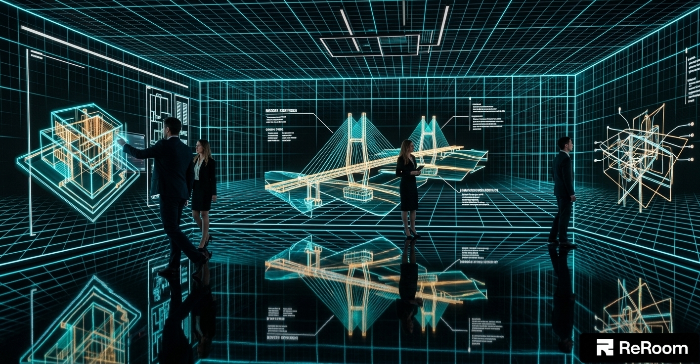 An incredibly lifelike, richly detailed, photorealistic wide-angle interior photo of an ultra-futuristic exhibition space set in a high-tech visualization sanctuary. The scene is illuminated by glowing volumetric holographic projections and vivid neon cyan gridlines, creating a cinematic, spellbinding, and awe-inspiring atmosphere. Captured with a 16mm wide-angle prime lens, emphasizing the razor-sharp geometric precision, the liquid-mirror sheen of the polished floor, and floating stereoscopic wireframes.

In this reimagined techno wonderland, the physical boundaries of the room melt away into an infinite digital abyss. The seamless 360-degree projection mapping transforms the back and side walls into a breathtaking wireframe tunnel that recedes endlessly into deep space, giving the illusion of limitless architectural depth. Suspended in mid-air are layered, multi-dimensional 3D holograms—an intricate cable-stayed bridge and a modern cantilevered residence—that pulse with radiant turquoise and amber energy, casting sharp, deep-focus perspective reflections onto a high-gloss, jet-black epoxy floor. 

The composition places human figures strategically throughout the vast room, grounding the monumental scale of the digital horizon. Visionaries and engineers stand mesmerized, interacting directly with tactile light nodes and floating translucent UI panels that hover effortlessly at chest height. Matte black acoustic paneling conceals subtle ambient perimeter lighting, enhancing the ultra-high contrast between the pitch-black void and the luminous cybernetic graphics. Every surface, from the flawless reflection underfoot to the delicate parallax layers of the floating blueprints, converges to create a harmonious blend of structural engineering, immersive technology, and visionary interior architecture.