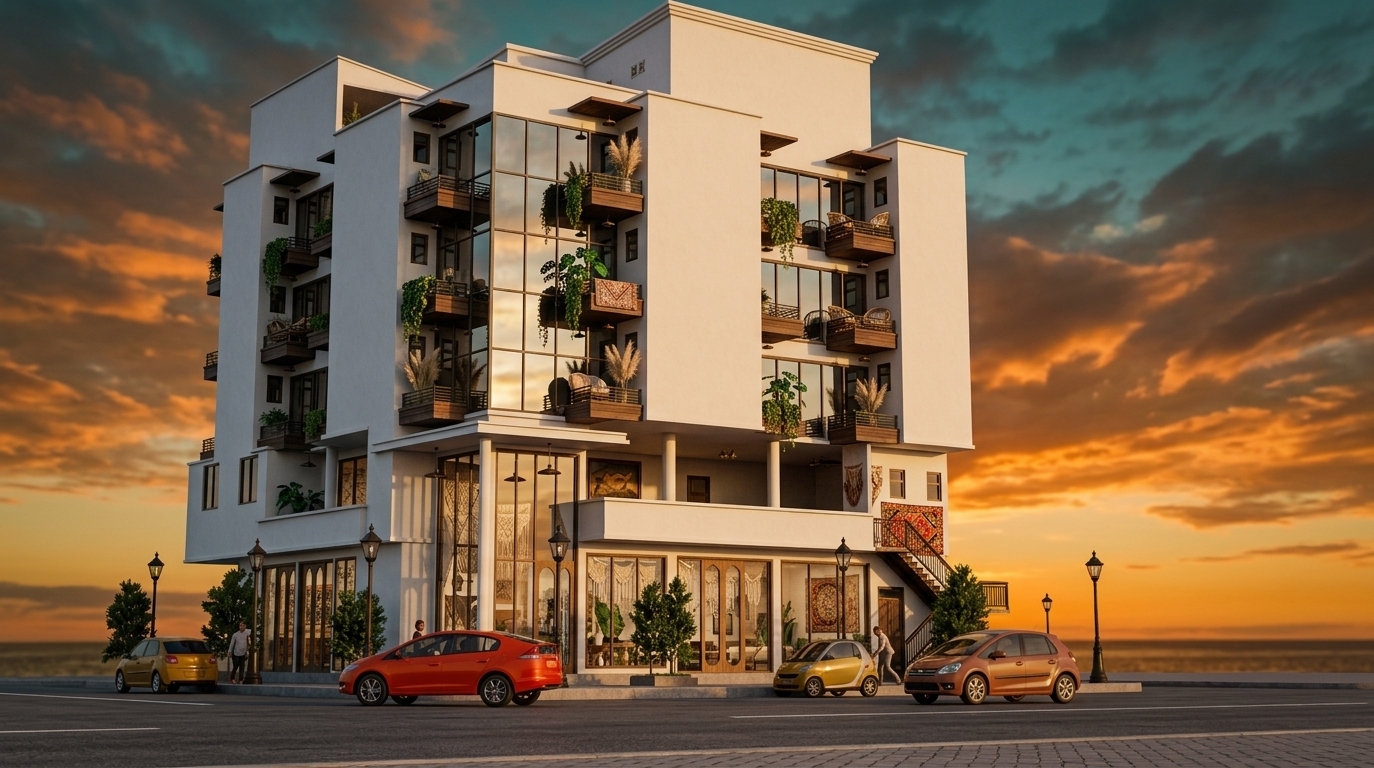 An incredibly lifelike, richly detailed, photorealistic wide-angle architectural photo of a contemporary multi-story mixed-use building reimagined as a bohemian oasis set in a vibrant urban corner during late spring. The scene is illuminated by the radiant golden glow of a low sunset casting long shadows and setting the twilight sky ablaze in brilliant orange, warm rust, and deep teal clouds, creating an inviting, warm, and free-spirited atmosphere. Captured with a professional 24mm tilt-shift lens, emphasizing rich smooth white render finishes, reflective glass facades, handcrafted wood details, and lush organic textures. Along the street level, expansive glass storefronts reveal eclectic, globally-inspired interior spaces adorned with macrame hangings, vintage-collected decor, and tapestry wall art. The upper-floor cantilevered balconies and open terraces feature inviting rattan lounge seating, layered patterned rugs, cascading potted plants, and tall pampas grass arrangements. Parked along the curb, vibrant automobiles in mustard yellow and fiery red complement the streetscape, framed by classic black lampposts and neat greenery that frame this layered architectural masterpiece against a dramatic horizon.