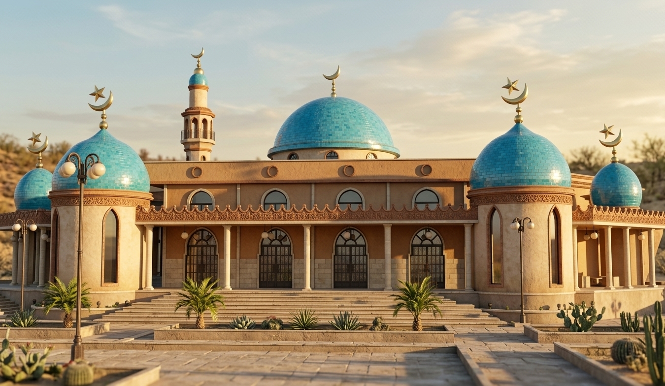 An incredibly lifelike, richly detailed, photorealistic wide-angle architectural exterior view of a magnificent desert sanctuary set in an arid Southwestern spring landscape. The scene is illuminated by the warm, sun-drenched low rays of a golden hour sunset, creating a tranquil, earthy atmosphere. Captured with a tilt-shift architectural lens on a full-frame camera, emphasizing tactile adobe plaster textures, vibrant cyan glazed tiled domes, and crisp geometric shadows. The structure features a grand central dome flanked by symmetrical side domes and a slender minaret, all topped with gleaming crescent and star finials. A broad flight of beige stone steps ascends to a sheltered arcade with classic arched openings and slender columns, framed by earth-toned terracotta wall accents. In the foreground, neat stone planters containing spring cacti, succulents, and low-lying desert greens align along the paved courtyard, seamlessly blending the minimal, rustic Southwestern charm of the building with its surrounding arid terrain.