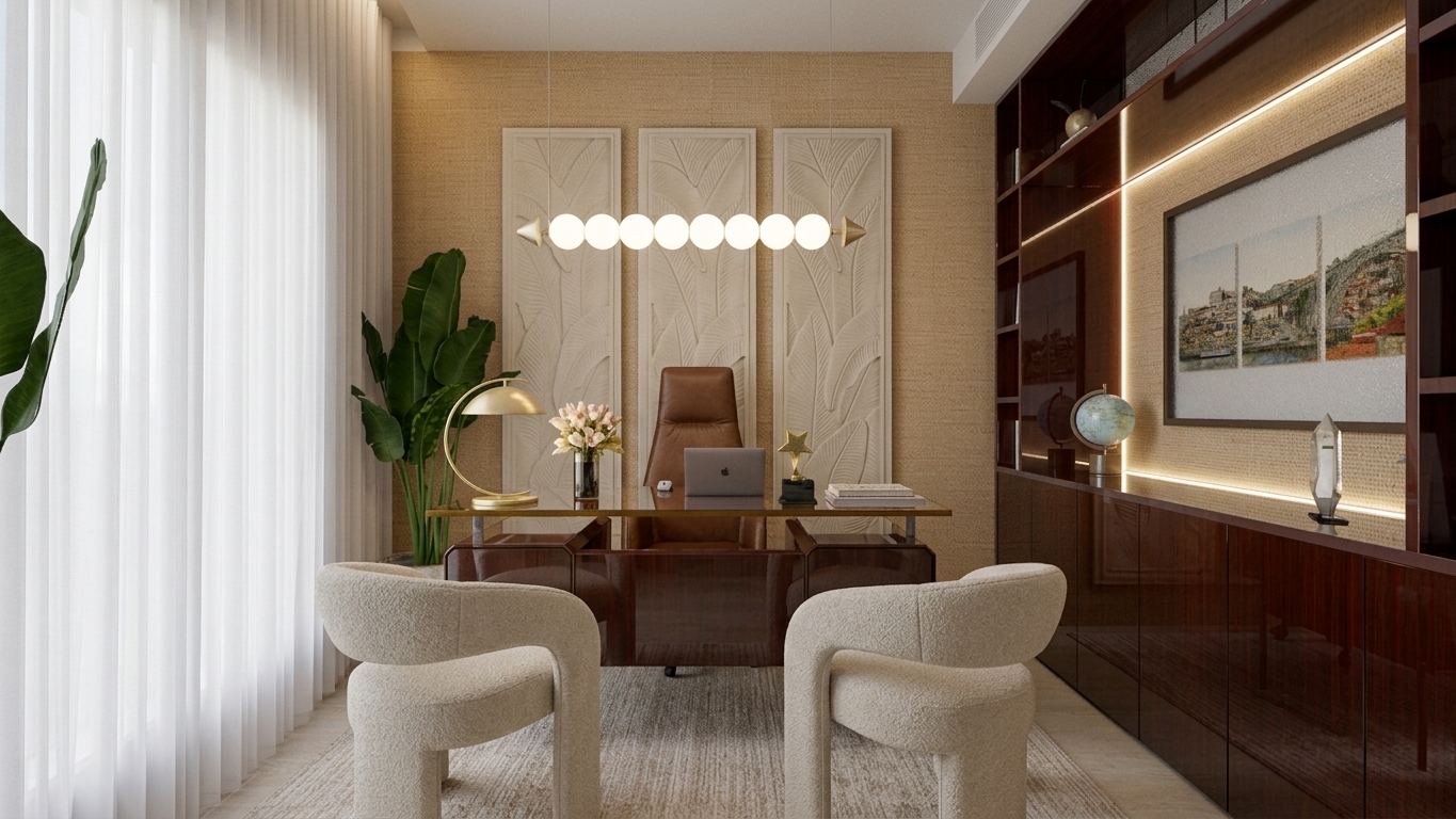 A professional architectural interior photograph capturing the exact executive office scene, maintaining the identical layout, geometry, materials, and composition from a eye-level perspective. The ambient illumination is a balanced mix of soft, diffuse morning light filtering through the sheer white floor-to-ceiling curtains on the left and warm 3000K interior accent lighting glowing from the suspended linear globe chandelier and concealed LED strips along the deep mahogany lacquer shelving. The twin foreground sculptural chairs showcase tactile cream-colored bouclé upholstery with micro-texture fiber details and soft contact shadows on the neutral woven floor rug. The dark high-gloss polished wooden desk and wall cabinetry exhibit authentic optical depth with realistic reflections, subtle specular highlights, and microscopic surface imperfections. The rear wall's grasscloth wallpaper displays natural tactile depth, casting soft relief shadows around the leaf wall panels. Glass, brass, and leather accents feature accurate physical material properties, complete with delicate reflections and realistic refractions, captured with a 35mm lens at f/8 for crisp edge-to-edge clarity, subtle lens grain, and natural shadow falloff.