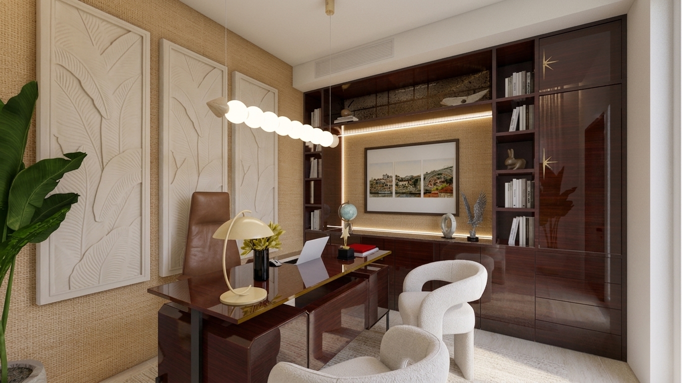A professional architectural photograph of this executive home office, strictly preserving the original image's composition, camera angle, geometry, and material placements. The room is illuminated by warm, layered interior lighting, featuring the soft glowing diffusion of the spherical pendant light fixture, subtle integrated LED backlighting along the dark mahogany shelving, and delicate specular reflections across the high-gloss lacquered dark wood surfaces. The polished mahogany desk exhibits micro-surface depth, realistic clear-coat gloss, faint hand prints, and subtle dust motes catching the ambient light. The off-white modern armchairs reveal a tactile bouclé fabric weave with soft natural fuzz, contrasting with the supple, creased brown leather of the executive chair. The textured woven grasscloth wall covering and matte plaster carved leaf panels display rich surface depth and subtle cast shadows under the ambient light. Captured on a full-frame architectural camera with a 24mm wide-angle lens at f/8, the image features crisp sharpness throughout, natural light bloom around light sources, f/8 optical sharpness, faint film grain in deep shadows, and subtle corner vignetting to produce a genuine editorial interior photograph.