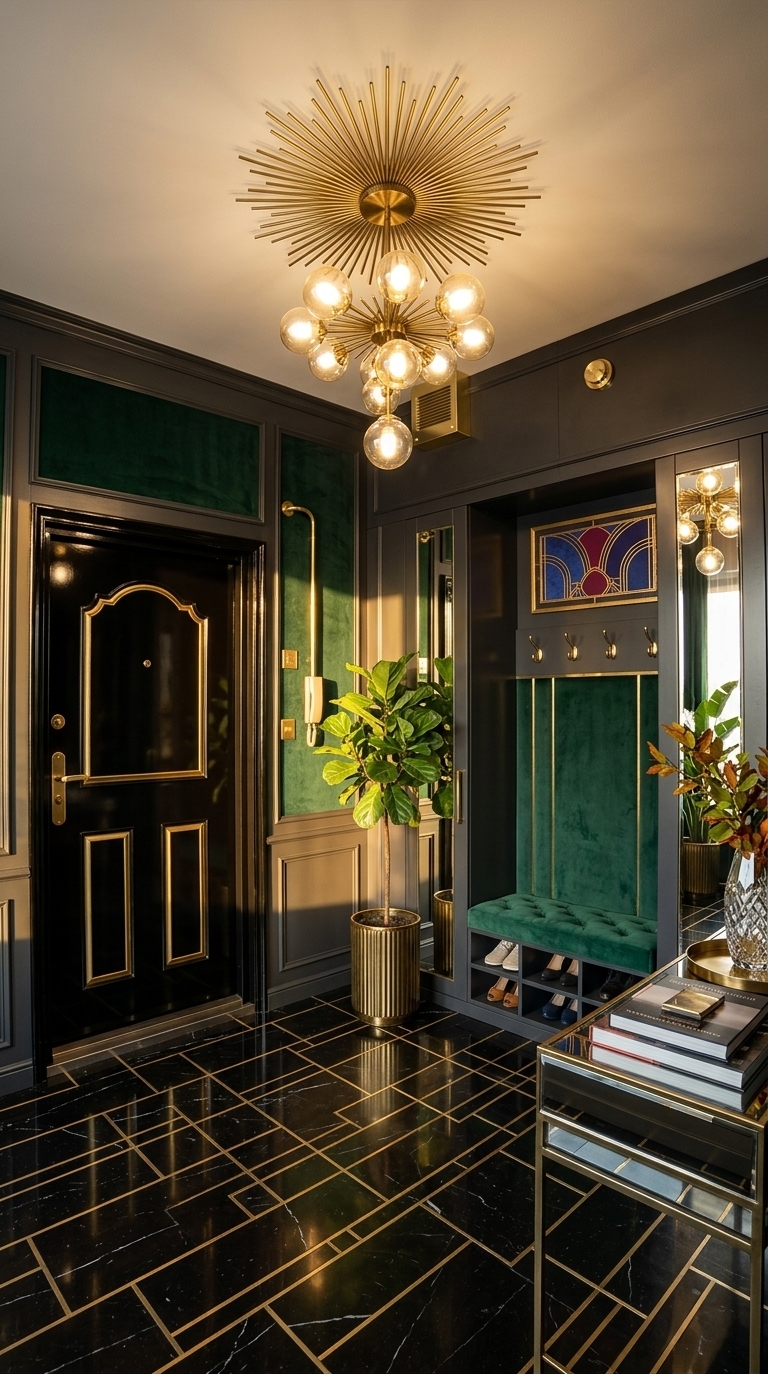 An incredibly lifelike, richly detailed, photorealistic wide-angle interior shot of a lavishly redesigned Art Deco entryway mudroom set in a chic urban residence during a golden autumn sunrise. The scene is illuminated by the soft, warm horizontal rays of morning sunlight filtering from an adjacent window alongside a breathtaking brass sunburst chandelier, creating an opulent and highly sophisticated atmosphere. Captured with a 24mm f/2.8 prime lens, emphasizing the high-gloss lacquered finishes, shimmering gilded brass, and deep jewel-toned velvet textures... 

The once-stark hallway is transformed into a masterclass in Art Deco glamour. The plain flooring is replaced with polished Nero Marquina black marble tiles featuring intricate inlay lines of brushed brass in a bold geometric grid. Replacing the basic entrance is a grand, high-gloss obsidian black door adorned with streamlined vertical brass handles. To the right, where a blank wall once stood, sits a tailored, symmetry-driven built-in entryway nook crafted from charcoal lacquered wood, framed by mirrored side panels that amplify the morning light. The seating bench is upholstered in a plush, tufted emerald green velvet, flanked by built-in shoe cubbies and coat hooks finished in polished gold. Above the bench, striking graphic Art Deco wall art framed in gilded trim introduces rich sapphire and ruby accent tones, perfectly balancing the dark wainscoting. On an adjacent mirrored console table, a curated stack of hardbound photography books rests beside a brass tray and a faceted crystal vase displaying crisp autumn foliage. Lush indoor plants, including a towering fiddle-leaf fig in a fluted brass planter, bring vitality and contrast to the sleek, polished surfaces. The design effortlessly pairs functional mudroom organization with extravagant, symmetrical elegance and human-scaled luxury.