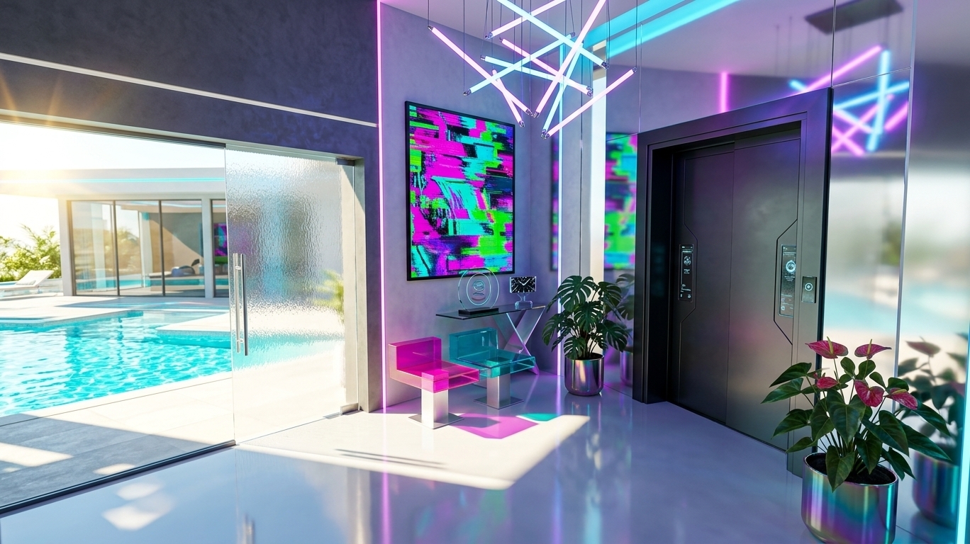 An incredibly lifelike, richly detailed, photorealistic wide-angle interior photograph of a futuristic techno wonderland entryway set in a high-tech luxury villa. The scene is illuminated by brilliant, warm summer midday sunlight filtering through an adjacent panoramic floor-to-ceiling glass panel alongside dynamic, glowing electric neon ambient light strips, creating a vibrant, surreal, and immersive futuristic atmosphere. Captured with a 24mm tilt-shift architectural lens at f/8, emphasizing the iridescent sheen of metallic surfaces, glossy resin floors, and the intricate pixelated textures of glitch art wall displays.

Reimagining the once-plain entry hall, the space is completely transformed into an avant-garde digital sanctuary. The stark white walls are upgraded to a sophisticated palette of matte graphite microcement accented with polished chrome trim and integrated LED light channels. Where the dark door originally stood, a custom-designed dark-titanium smart entryway portal features subtle holographic interface accents. The interior door with textured glass has been replaced with a frameless floor-to-ceiling smart glass door that offers direct visual access to a sun-drenched outdoor pool area, where crystal-clear turquoise water glistens under the bright summer sun.

In the corner, where exposed flooring once sat, a sleek modular bench crafted from vibrant pink and turquoise translucent acrylic rests upon brushed aluminum pedestals. Beside it, an eclectic, custom console table displays techno-inspired decorative objects, including a floating glass kinetic sculpture and a digital clock displaying abstract light patterns. 

Dominating the central wall is a large, high-impact framed artwork showcasing high-contrast digital glitch art, bursting with vivid magenta, electric cyan, and acid green hues that tie the dynamic color scheme together. Lush indoor plants—such as broad-leafed Monstera and Anthurium housed in iridescent metallic planters—bring organic life and texture to the cybernetic aesthetic, creating a playful balance between nature and cutting-edge technology. 

Overhead, replacing the single hanging bulb, is a striking cluster of suspended tubular neon light rods arranged in a geometric, asymmetrical composition. The seamless, mirror-polished epoxy floor reflects the surrounding neon glows and daylight, enhancing the sense of fluid space and depth. Proportions are carefully calibrated to ensure that despite its high-tech, digital motif, the foyer remains an inviting, functional, and ergonomically sound transition space.