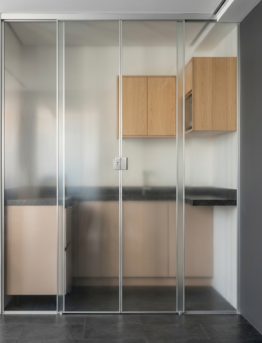 A straight-on, eye-level architectural photograph of a sleek office pantry kitchen enclosed behind a floor-to-ceiling frosted milky glass sliding door partition, capturing the exact composition and structural layout of the image. The translucent glass panels diffuse the warm ambient interior light from within the kitchen, softly revealing the silhouettes of neutral-toned upper cabinets, light-colored wooden cabinet doors, and a dark stone countertop behind them. The glass surfaces feature realistic optical refraction, subtle reflections of the room lighting, and fine micro-textures like faint hand smudges and minor dust motes. The center joint is fitted with a brushed stainless steel lock handle with a fine metallic grain, while the top track glides along a clean aluminum rail. In the foreground, the dark grey tiled floor exhibits a realistic satin finish with soft ambient highlights, and the dark grey textured drywall frame on the right adds depth to the scene. Lit by soft, indirect office ceiling lights creating a clean, professional atmosphere with balanced color temperature, sharp focal clarity on the sliding glass hardware, natural depth of field, and slight lens vignetting at the corners for an authentic photographic quality.
