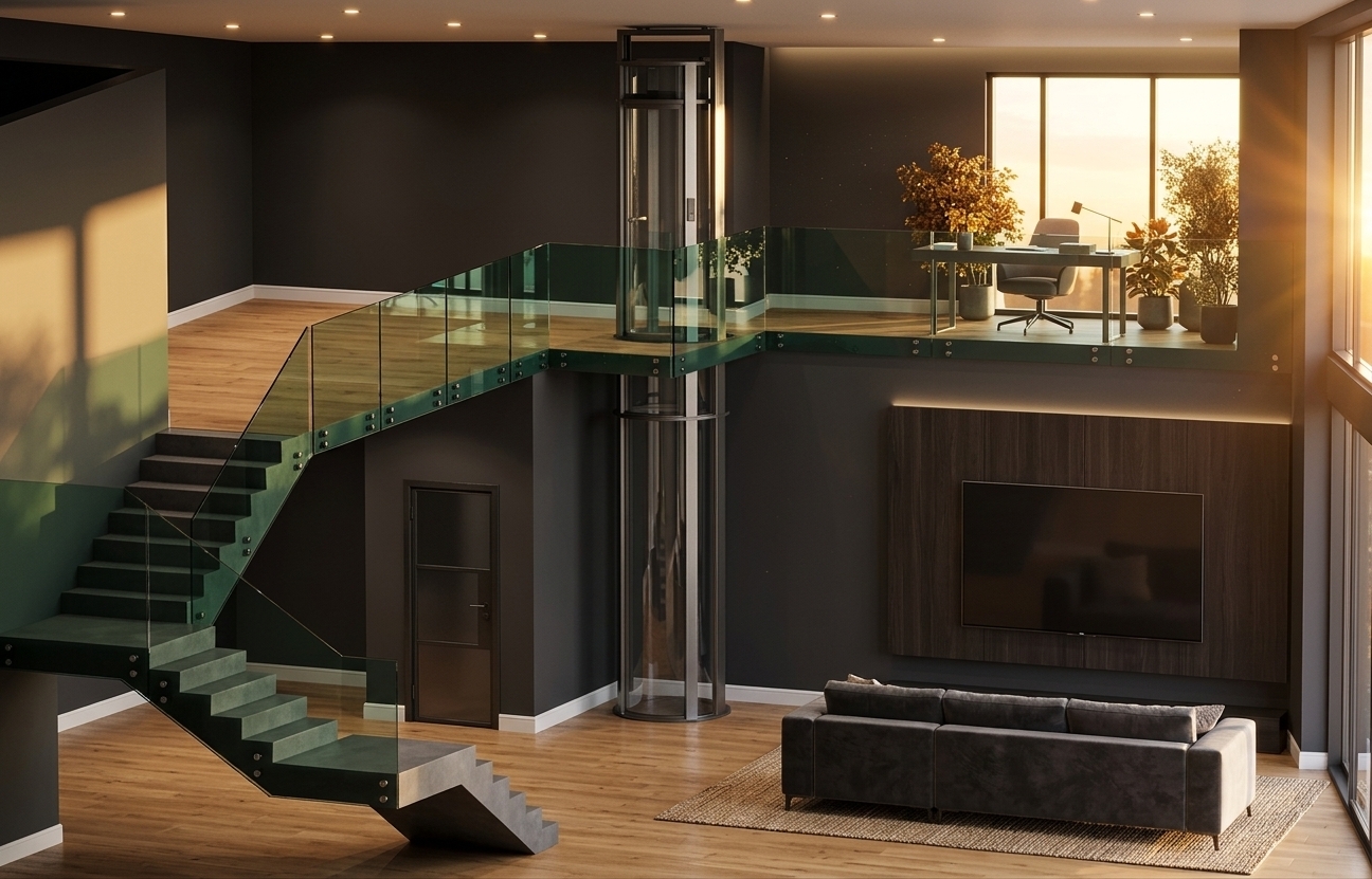 An incredibly lifelike, richly detailed, photorealistic wide-angle interior photo of a luxury two-story modern loft set in an upscale residential study environment. The scene is illuminated by the warm, golden glow of a late autumn sunset streaming in from expansive side windows, creating a cozy, sophisticated atmosphere. Captured with a professional 24mm architectural tilt-shift lens, emphasizing the smooth dark concrete treads, polished glass reflections, and warm natural oak flooring. A sleek floating concrete staircase with emerald-tinted glass balustrades leads to a beautifully curated upper mezzanine, set beside a futuristic cylindrical glass elevator anchored by brushed steel pillars. The elevated space is arranged as a chic home office and lounge, featuring a contemporary desk setup flanked by lush potted autumn foliage, and a sleek dark wood media wall hosting a large ultra-thin TV faced by a plush charcoal sofa resting on a textured woven rug. Crisp white baseboards frame the deep charcoal walls, while soft recessed ceiling lights add depth and architectural elegance to the entire composition.